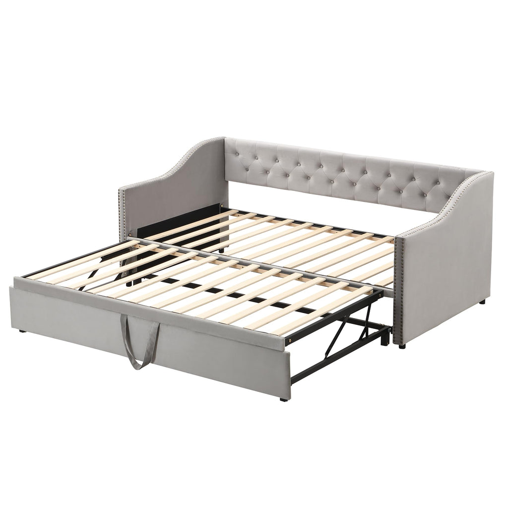 Merax Twin Size Upholstered Velvet Daybed with Pop Up Trundle, Multi-Functional Sofa Bed with Backrest and Two Armrest for Kids Room, Guest Room, Living Room,Gray
