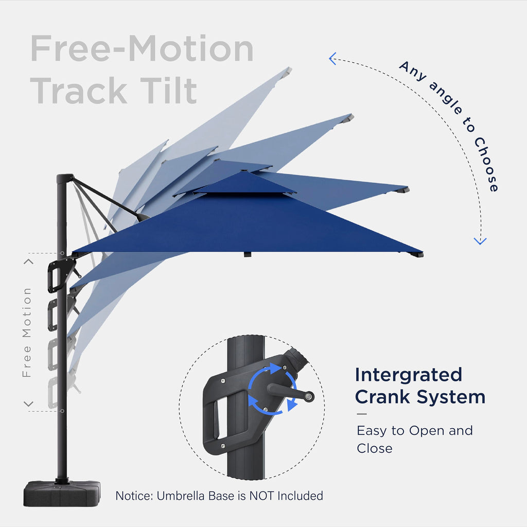 Deconk 10x10 FT Cantilever Patio Umbrella with Led Lights Double Top Outdoor Square Heavy Duty Offset Umbrellas 360°Rotation Free-motion Track Tilt Windproof for Pool Deck Garden, Navy