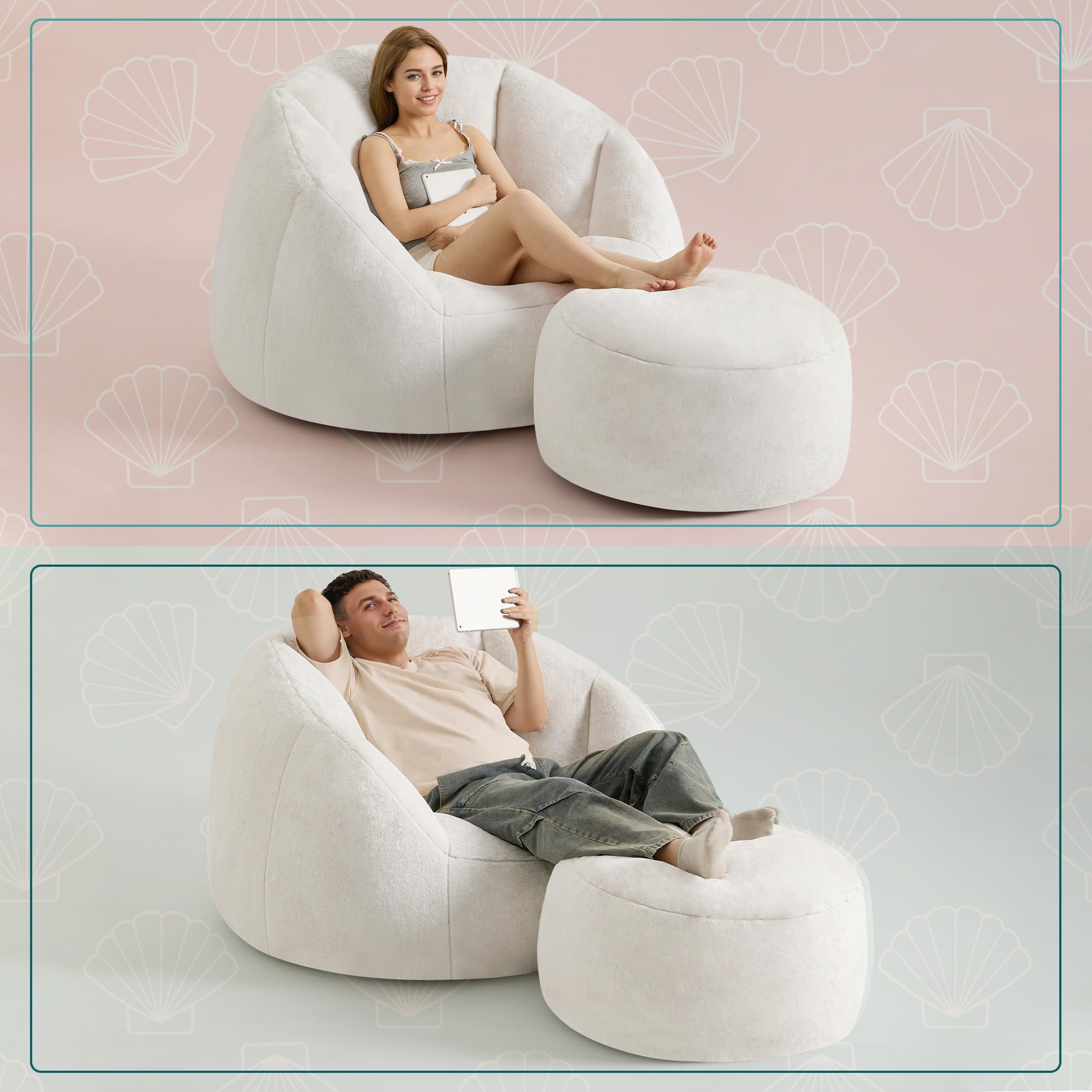 GRANDJOY Oversized Bean Bag Chair with Ottoman, Premium Foam Filling, Relaxing Lounger for Adults & Kids, Beige