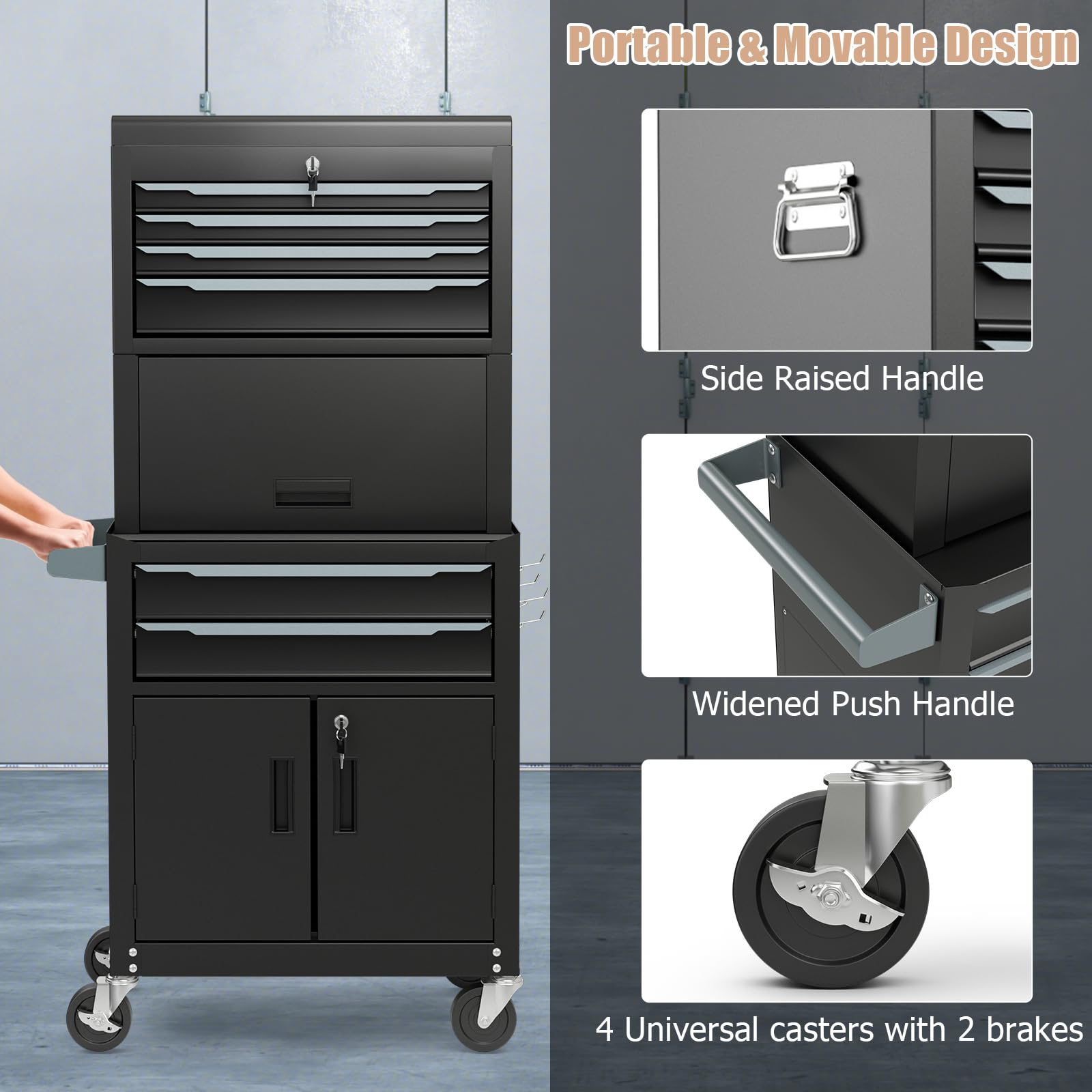 ERGOMASTER Large Rolling Tool-Chest Dentproof with 6 Drawers Heavy Duty Tool-Cabinet on Wheels Lockable and Lock System for Garage Workshop(28 x 13 x 53''-Black)