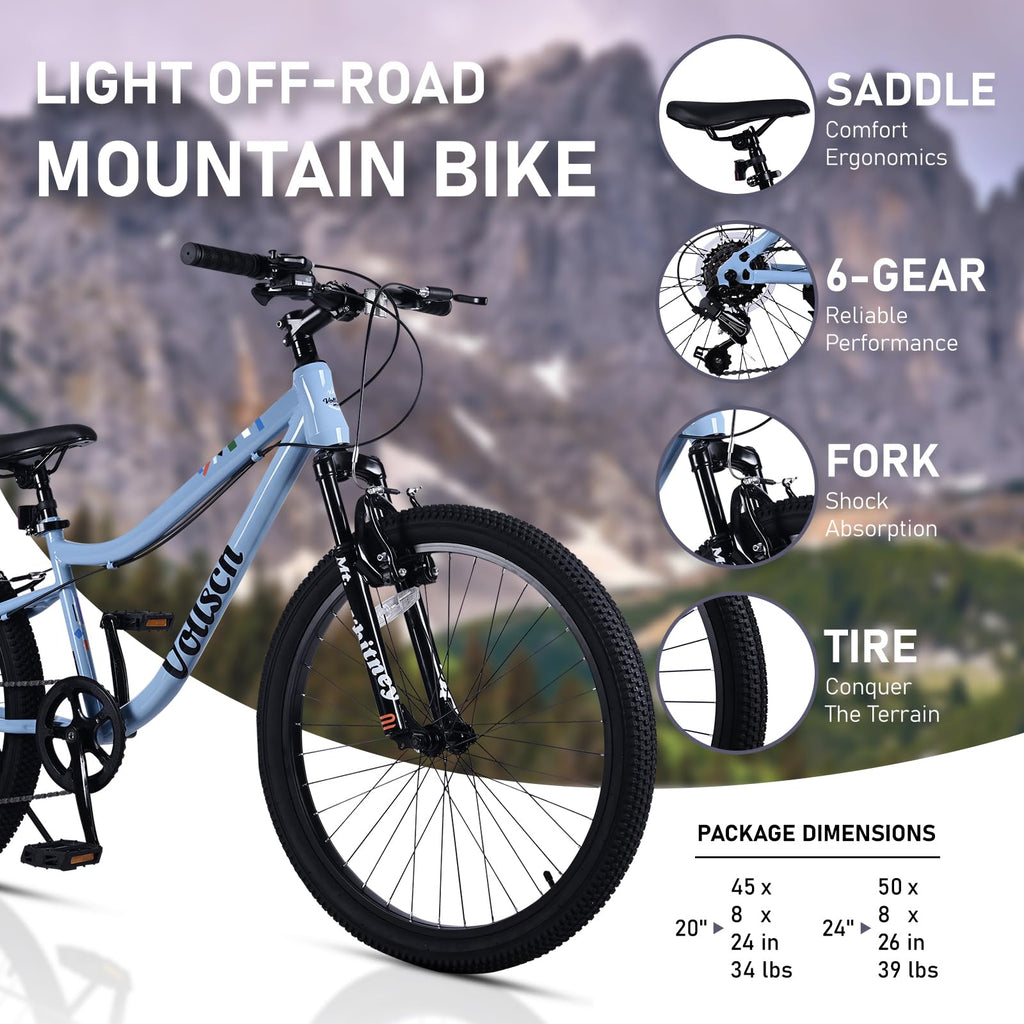 vollsch 24 Inch Kids Mountain Bike for 9-15 Years Old Boys Girls Teens 6-Speed Child MTB Bicycle with Front Suspension Fork, Slate Grey