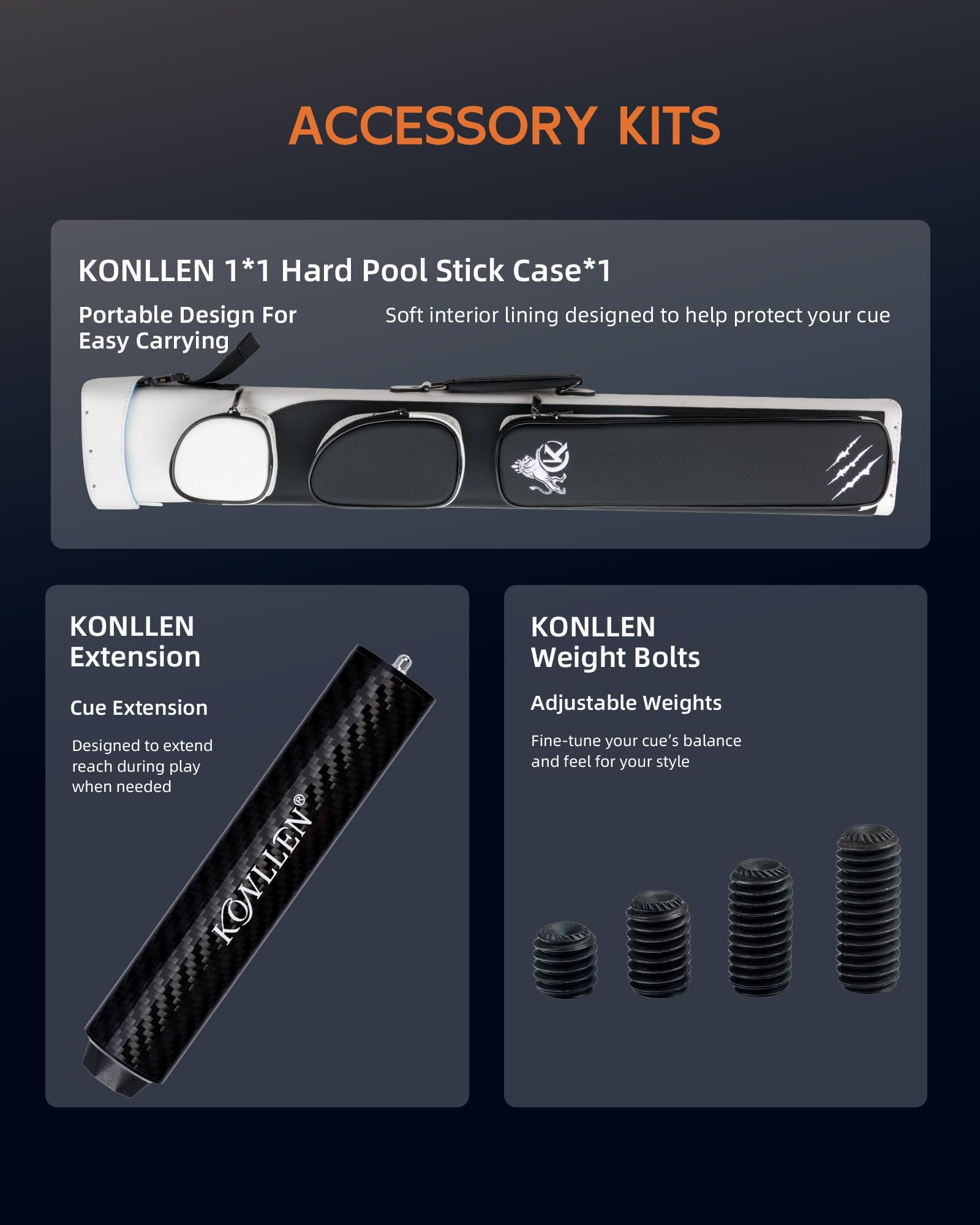 KONLLEN 2.0 Pool Cue Complete Set | Carbon Fiber Pool Cue with Professional Taper | Low Deflection Shaft for Adults & League Players