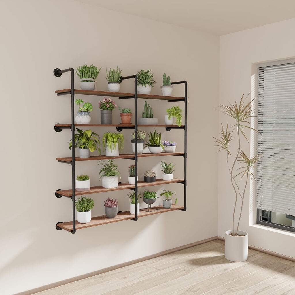 ONOTETUT Industrial Pipe Shelf 5 Tier,60 inch Industrial Wall Shelves with Solid Wood Plank,Pipe Shelving Wall Mounted for Farmhouse,Floating Pipe Book Shelves for Kitchen and Bar Shelving