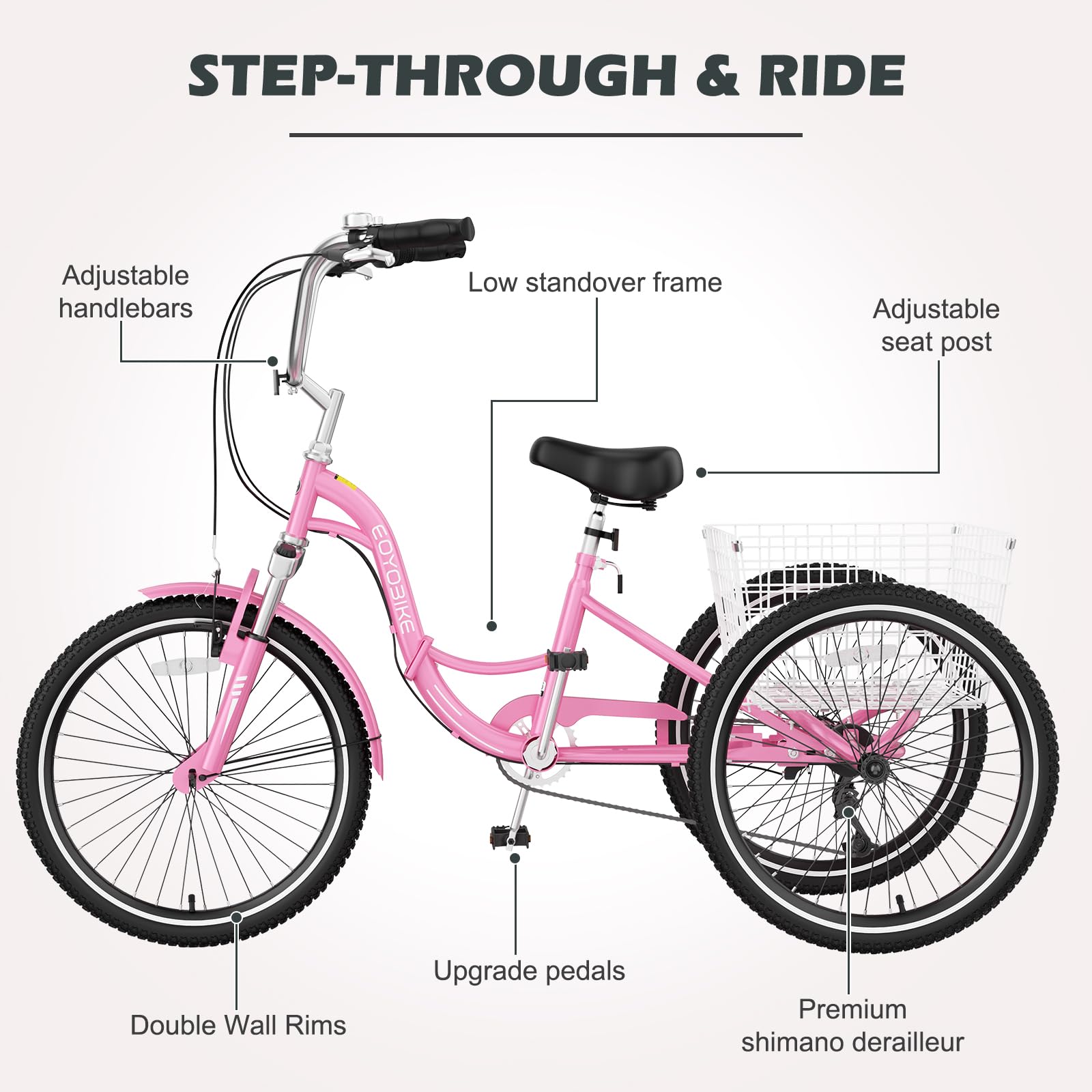 H&ZT Adult Tricycle, 3 Wheeled Bike, Trike Cruiser Bike, with 7-Speed Gear, Parking Brake Handle, Low Step, Large Rear Basket, Elderly Friendly, for Men, Women, and Teens