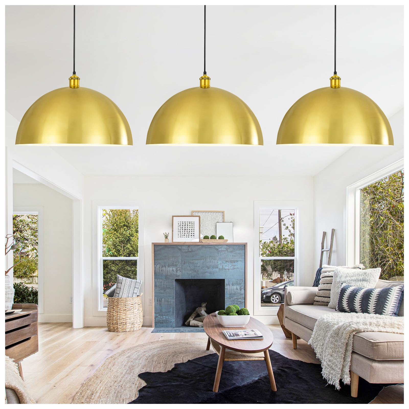YOGIRL Gold Pendant Light, 20" Farmhouse Ceiling Light with Gold and White, Elegant Semi-Circular Shade Design, Adjustable Height Industrial Dome Pendant Lights for Kitchen Island, Dining Room
