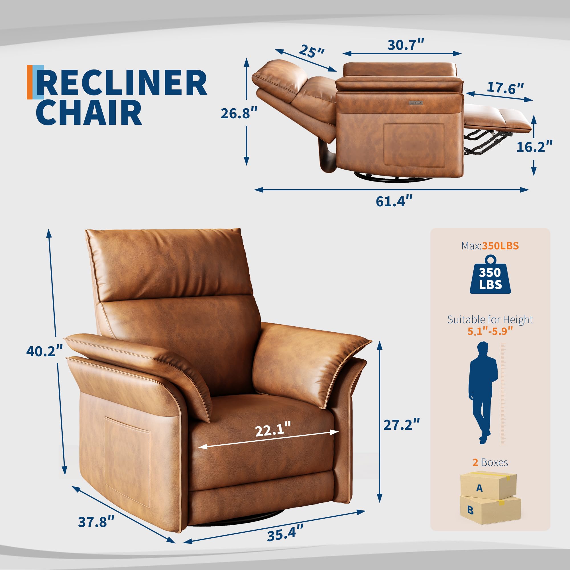 GarveeHome Power Recliner Chair, 270 °Swivel Rocking Glider with USB Charging Port, PU Leather Upholstered Fabric and Double-Layer Armrests, Nursery Chair for Living Room, Nursery (Wanult)
