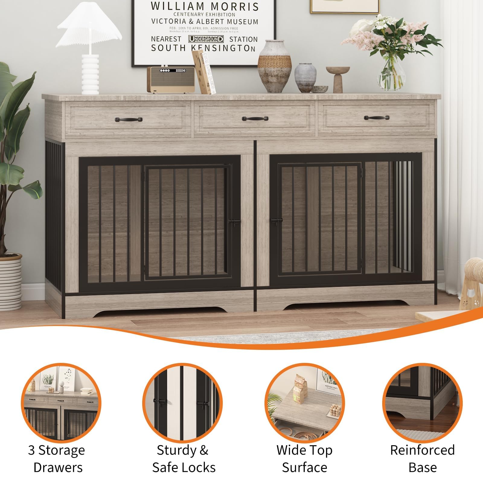 Extra Large Double Dog Crate Furniture – 70.9" Heavy Duty Wooden Kennel for 2 Medium or Large Dogs, Decorative End Table with 3 Drawers, TV Stand, Indoor Dog Cage with Double Doors