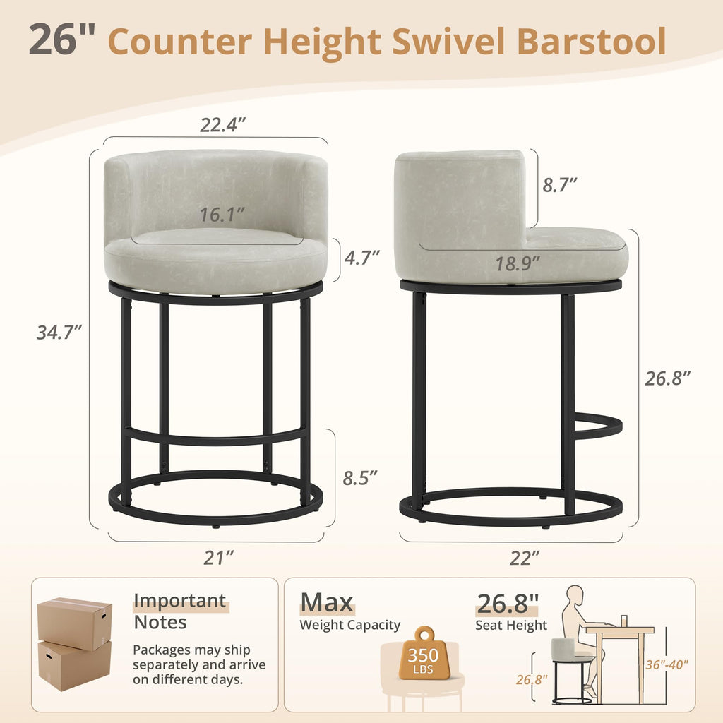 LUE BONA 26.8" Counter Height Bar Stools Set of 3, 180° Swivel Bar Stools, Modern Barrel Counter Stools with Metal Frame, Faux Leather Upholstered Barstools for Kitchen Island, Light Beige Gray