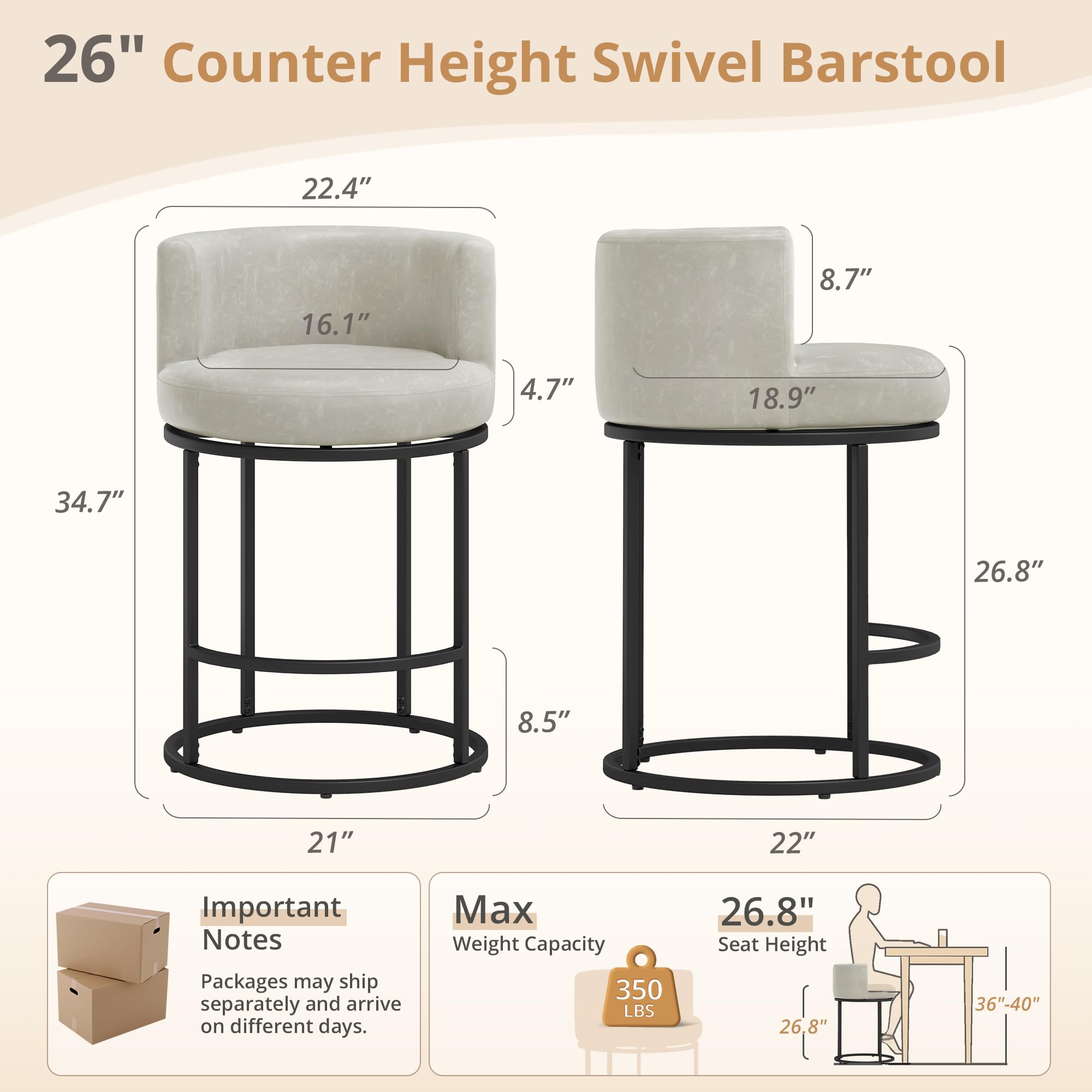 LUE BONA 26.8" Counter Height Bar Stools Set of 3, 180° Swivel Bar Stools, Modern Barrel Counter Stools with Metal Frame, Faux Leather Upholstered Barstools for Kitchen Island, Light Beige Gray