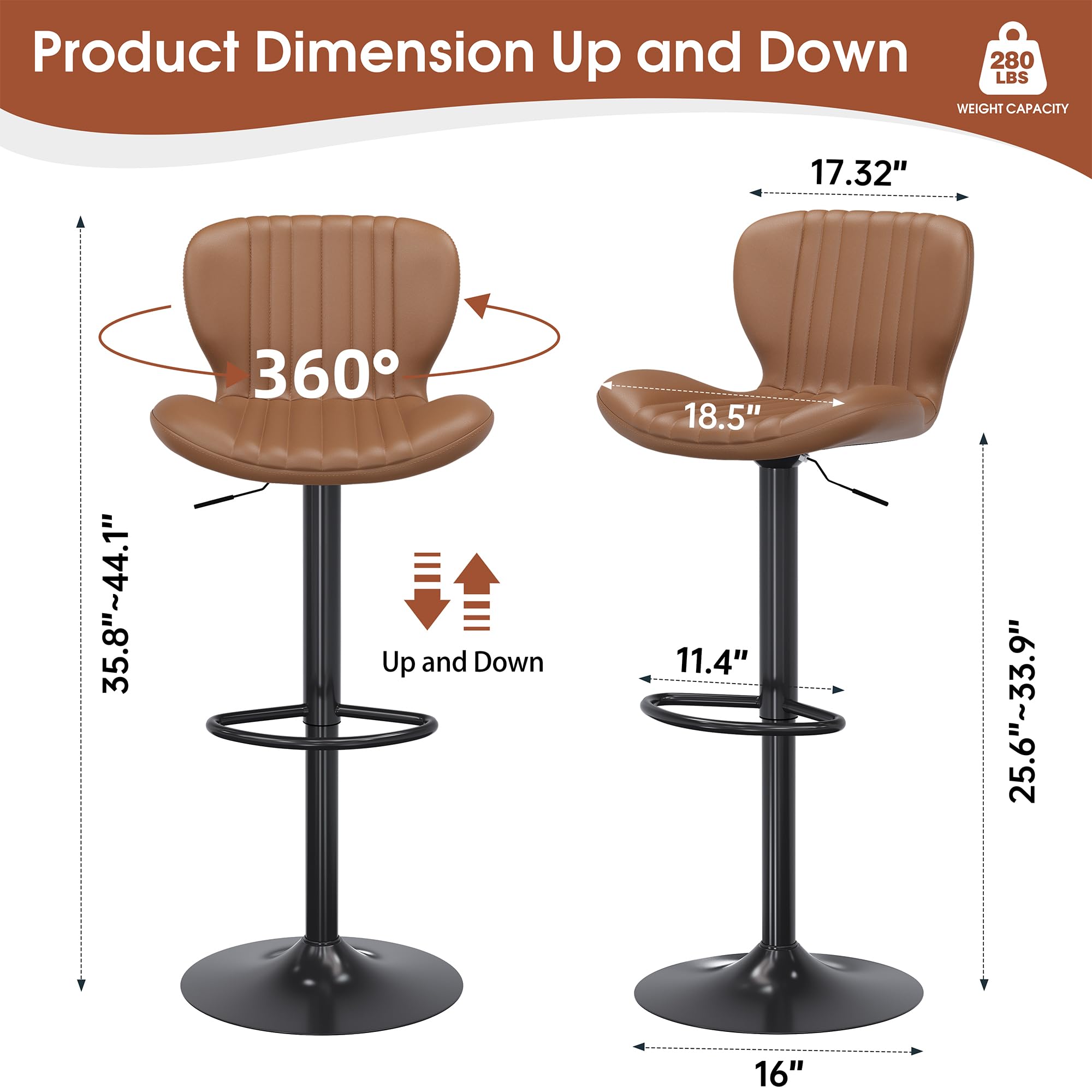JAMFLY Bar Stools Set of 6, Leather Adjustable Barstools Counter Height Modern Bar Stools, Island Chairs Set of 4 for Kitchen, Brown