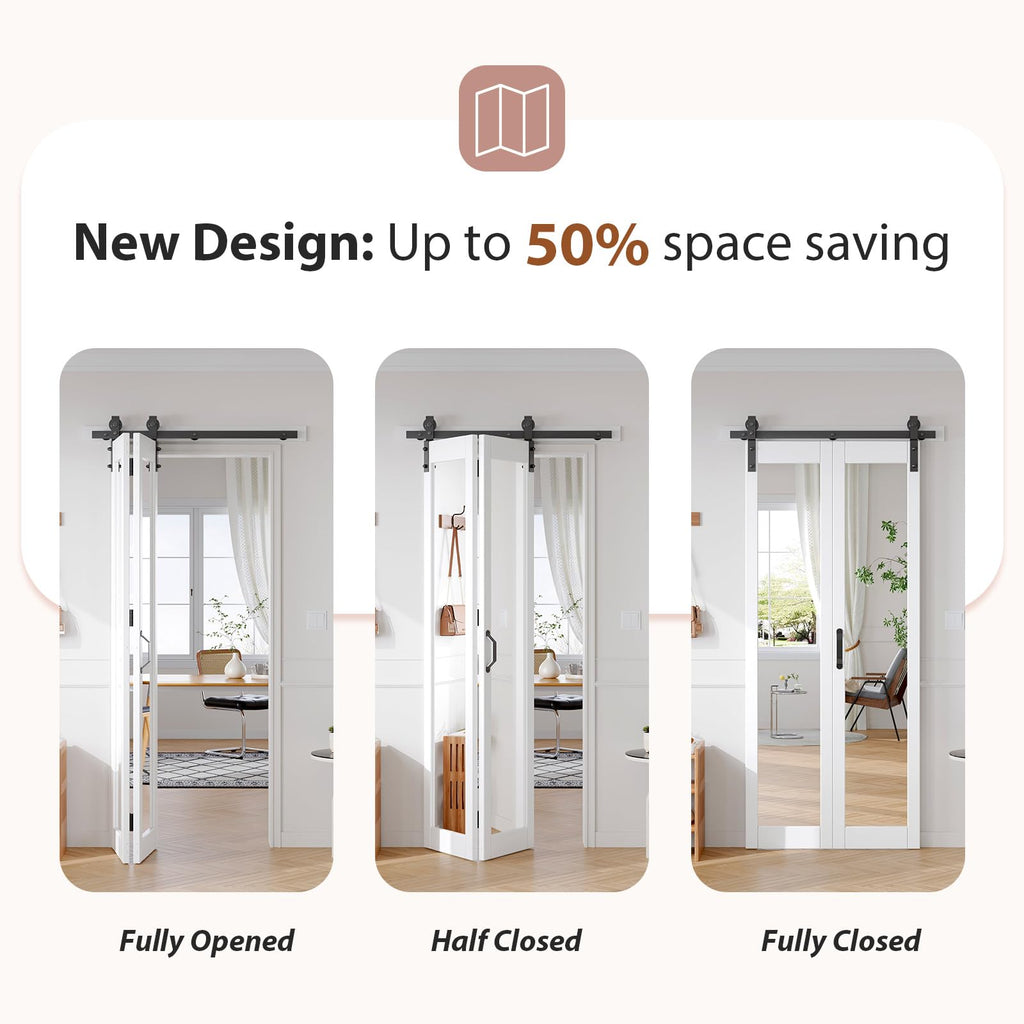 FREDBECK Bifold Barn Door 36x84 (Double 18x84) Hardware Kit Included,40" Track for 2 Doors, PVC, White,for Living Room, Bathrooms, Kicthen