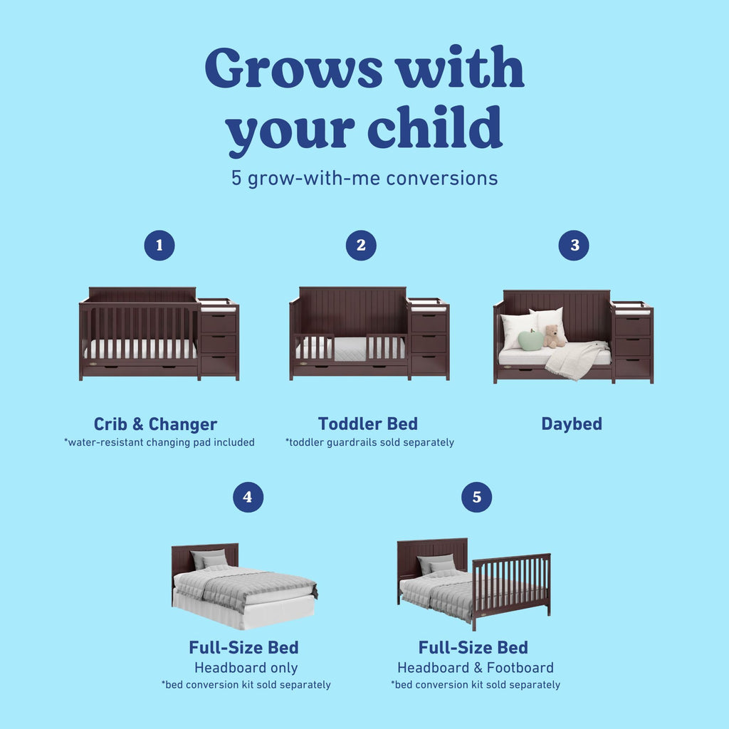 Graco Hadley 5-in-1 Convertible Crib & Changer – GREENGUARD Gold Certified, Fits Standard Crib Mattress, Converts to Toddler Bed and Full Bed, 4 Adjustable Mattress Heights (Espresso)