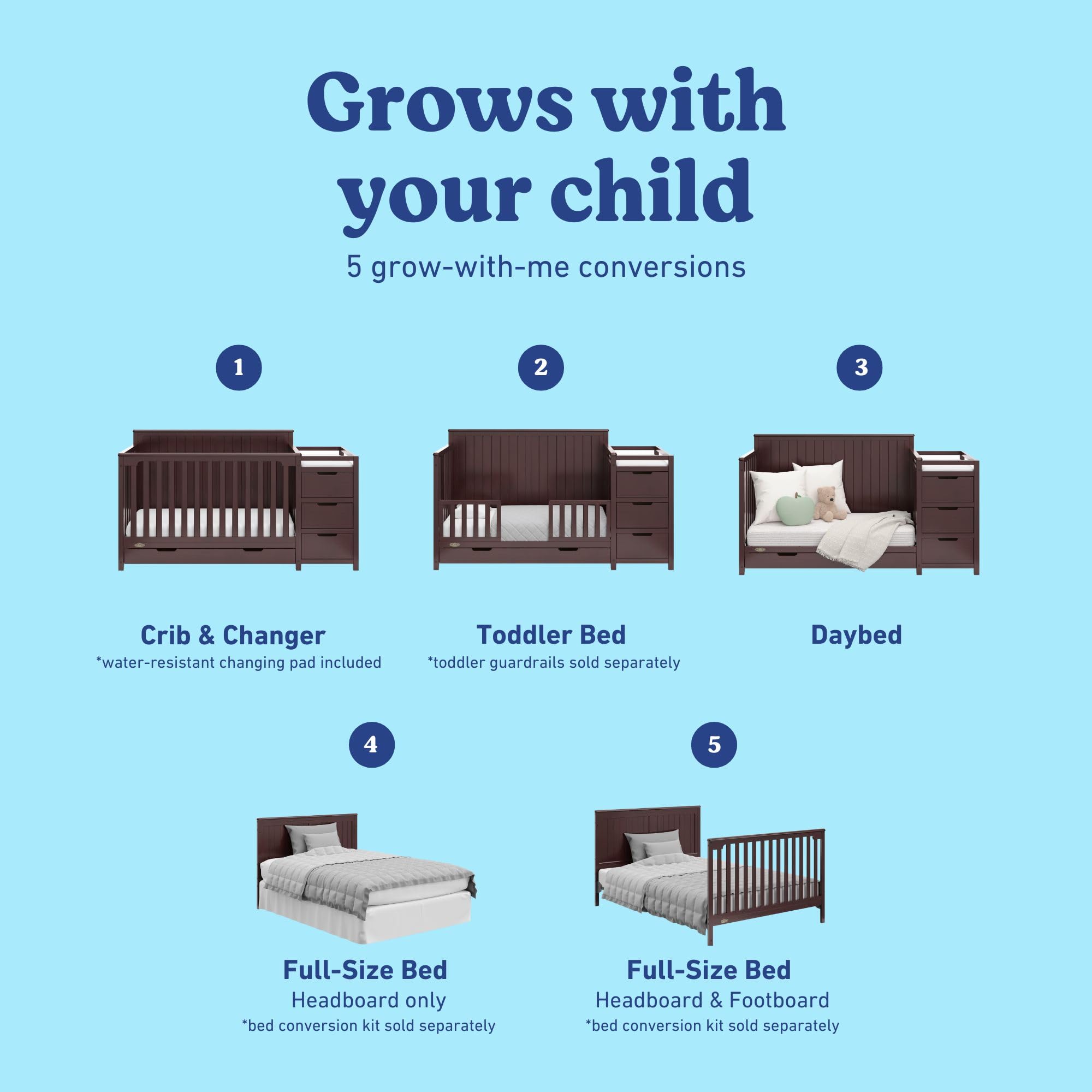 Graco Hadley 5-in-1 Convertible Crib & Changer – GREENGUARD Gold Certified, Fits Standard Crib Mattress, Converts to Toddler Bed and Full Bed, 4 Adjustable Mattress Heights (Espresso)