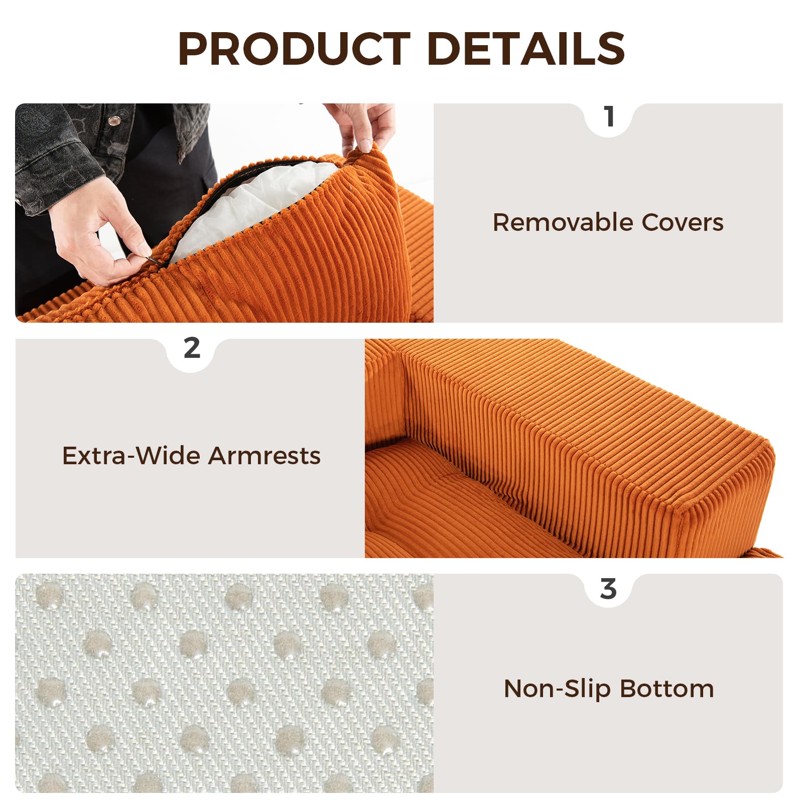 KEIKI 101" L-Shaped Modular Sofa, 3-Seater Compression Cloud Couch with Movable Ottoman, Corduroy Fabric Deep Seat Sectional, No Assembly Convertible Sofa for Apartment Small Living Room