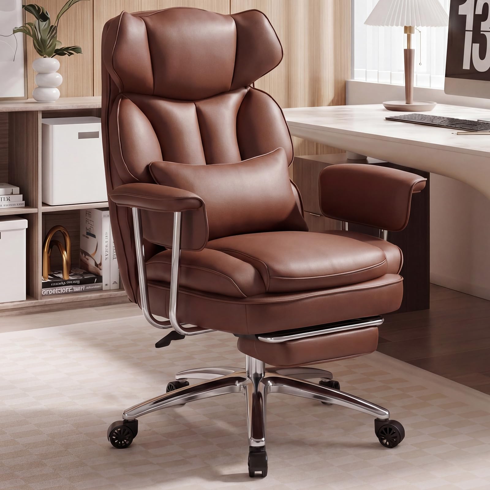 OLIXIS Home Office Desk Chair Comfy with Foot Rest, PU Leather Ergonomic Big and Tall High Back Support, 360° Swivel Wheels, Armrests and Detachable Pillow, Height Adjustable, Brown
