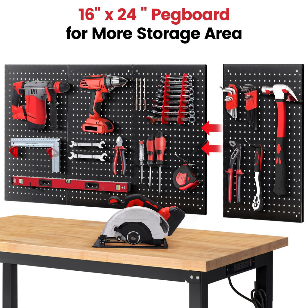 ENJOYWOOD 60" x 22" Adjustable Height Workbench with Under Table Shelf Heavy Duty Rubberwood Top Work Table for Garage, Workshop, Office & Home