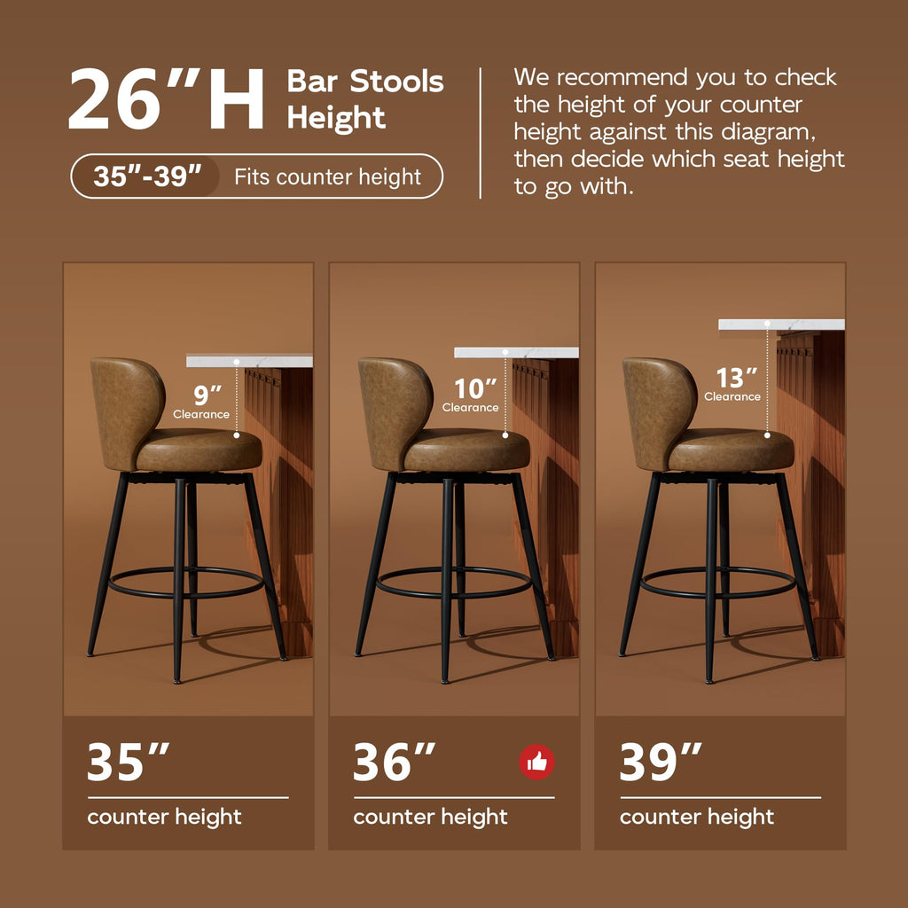 Sucrever Bar Stools Set of 4, 26" Counter Height Swivel Leather Bar Stools, Upholstered Barstools with Back & Footrest Metal Legs, Stools for Kitchen Island, Home Bar, Dining Room Brown