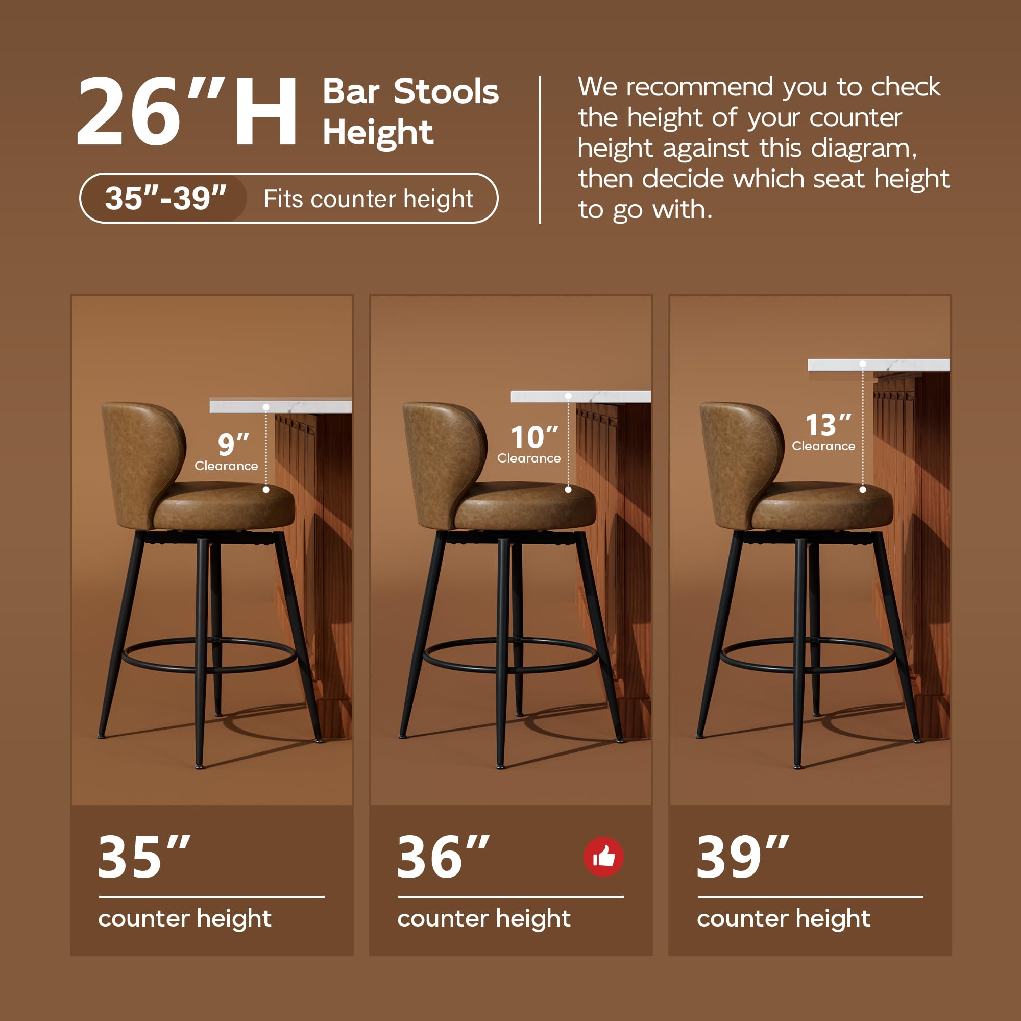 Sucrever Bar Stools Set of 4, 26" Counter Height Swivel Leather Bar Stools, Upholstered Barstools with Back & Footrest Metal Legs, Stools for Kitchen Island, Home Bar, Dining Room Brown