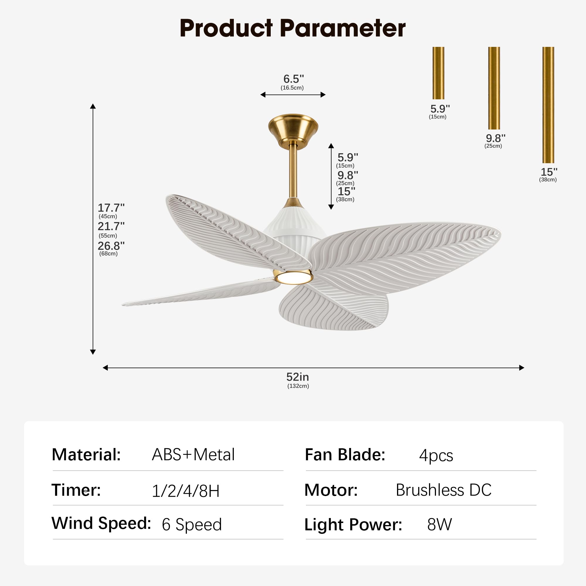 LVYEAYOU 52" Tropical Ceiling Fans with Lights, Indoor Palm Leaf Ceiling Fan with Light and Remote for Living Room Bedroom, ABS Blades, Dimmable LED Lights, 6 Speeds, Adjustable Height-White Gold