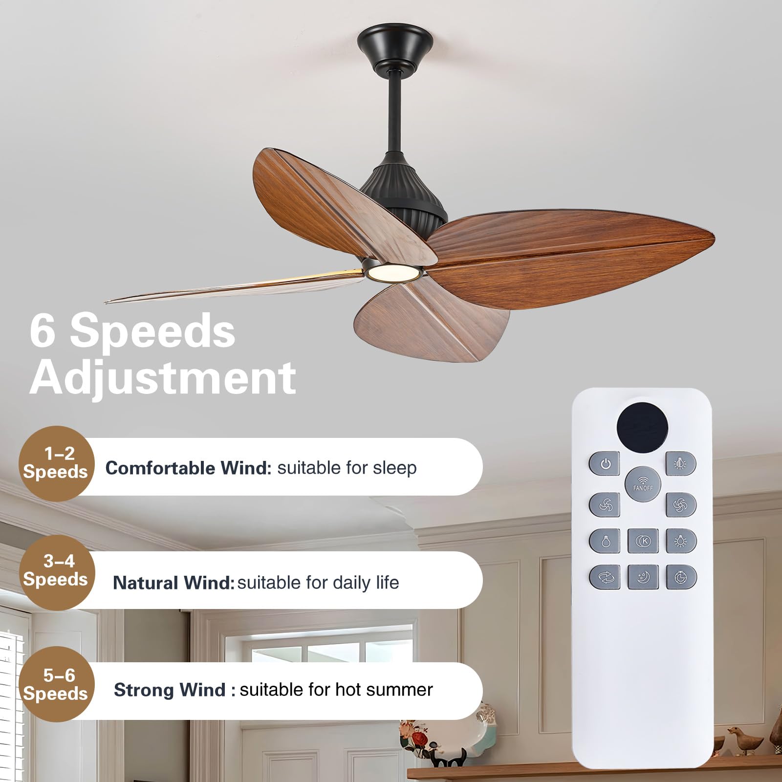 Fanyank 52“ Leaf Ceiling Fan with Light, Remote and App Control, 6 Speed Reversible, 3 Color Dimmable, Tropical Coastal Fandelier Ceiling Fans, for Bedroom, Living Room (Dark Brown)