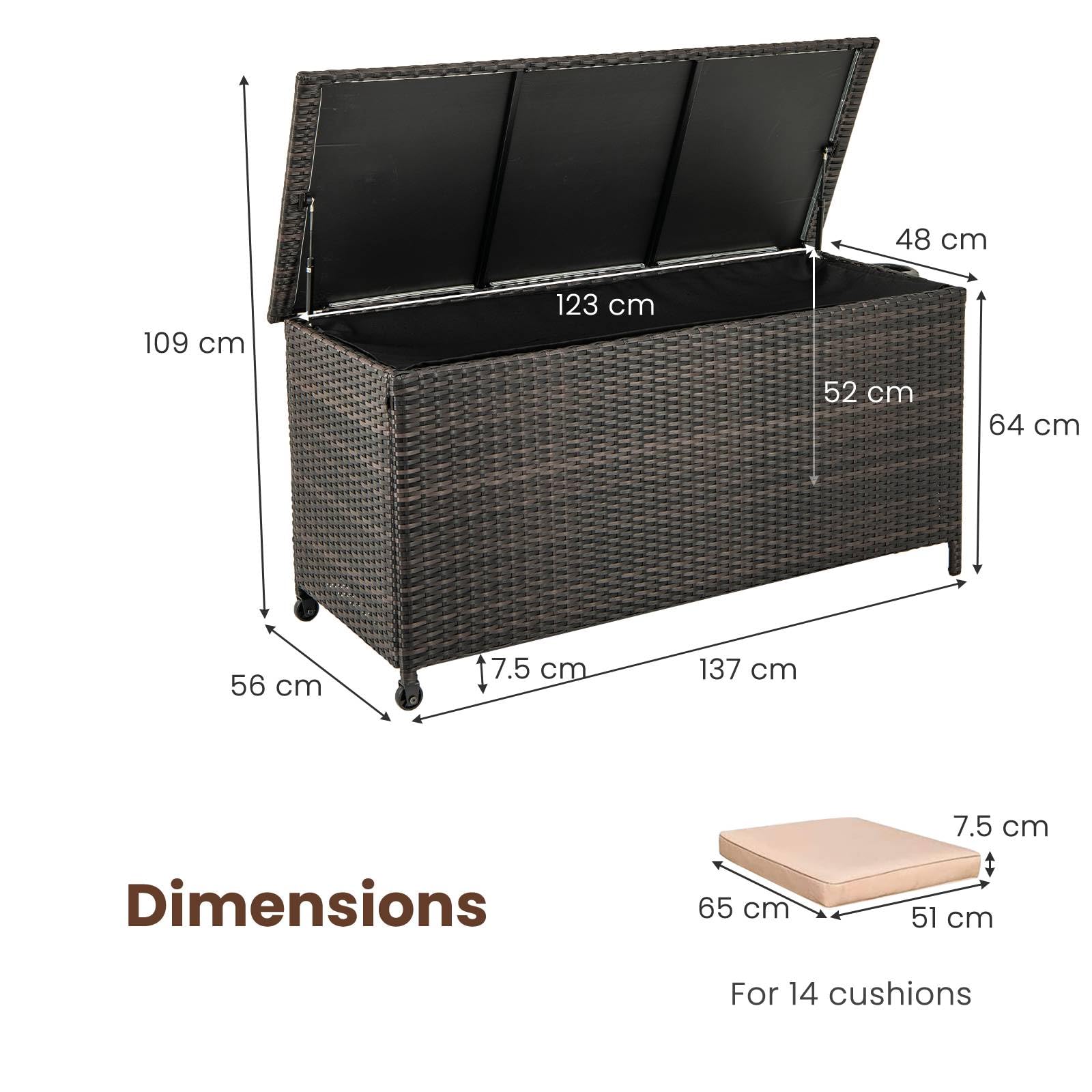 TANGZON 320L Garden Deck Box, Patio Cabinet Container with Polyester Liner, Universal Wheels & Gas Strut, Indoor Outdoor Storage Box for Pillows, Cushions & Tools (with Regularly-Woven Rattan, Brown)