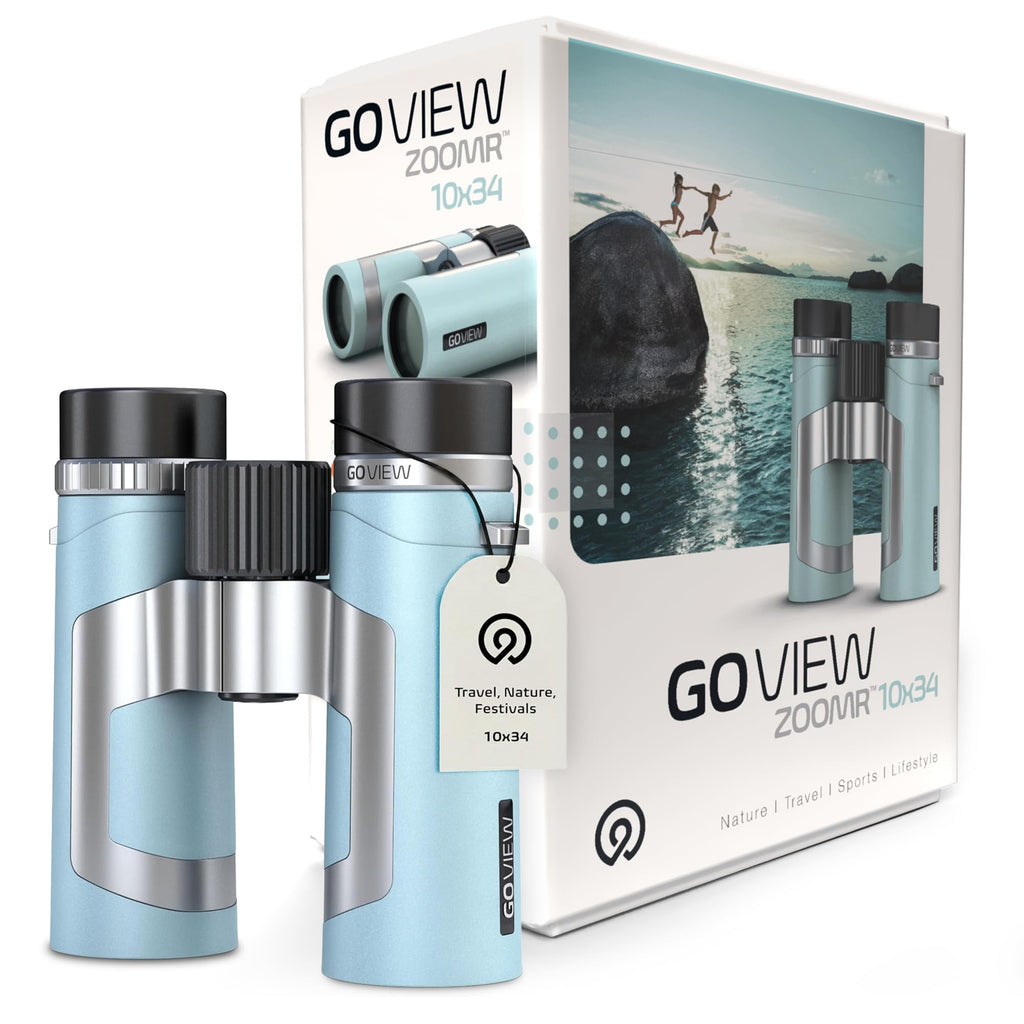 GOVIEW ZOOMR 10x34 Binoculars for Adults | Lightweight | BAK4 Prism with Fully Multi-Coated Optics | Smartphone Adapter Compatible | Waterproof IPX5/6 PORTR™ Strap with Easy Click Closure - Miami Blue