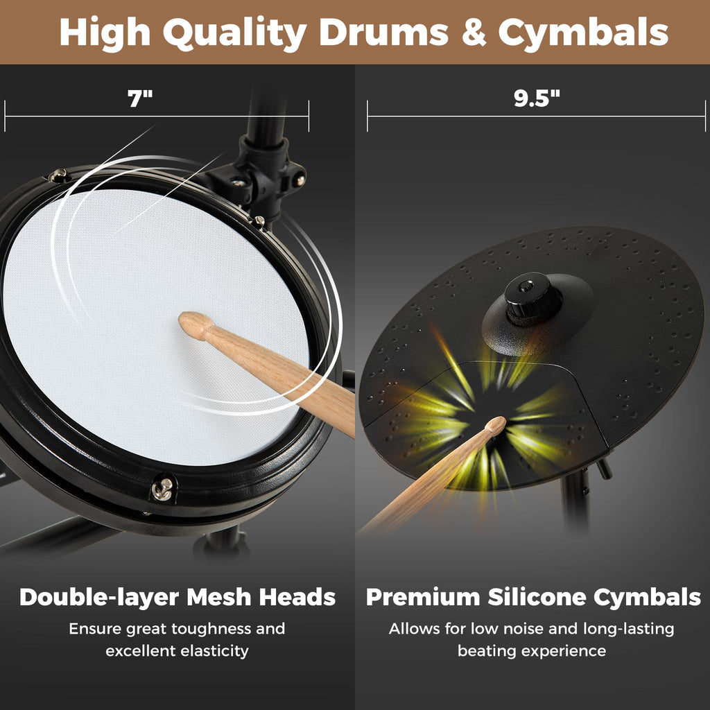 Costzon Electric Drum Set, Electronic Drum Kit for Beginner with 4 Quiet Mesh Pads, 150 Sounds, 9.5” Cymbals, Metronome, USB MIDI, Headphone, 2 Pedals, Drumsticks & Adjustable Throne