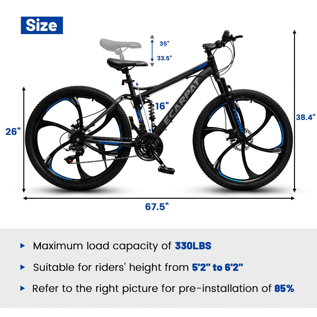 Ecarpat 26 Inch Full Suspension Mountain Bike, 21 Speeds Dual Disc Brake, Men Women Carbon Steel Mountain Bike, Adult Trail Beach Snow Commuter City Bikes