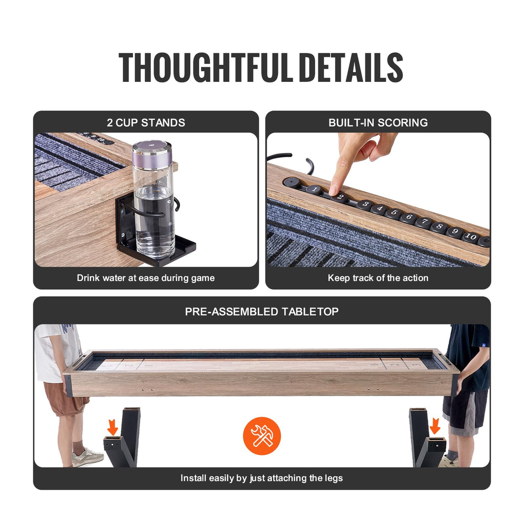 VEVOR Shuffleboard Table, 9 ft Shuffleboard for Family Game Rooms, 2 in 1 Shuffleboard and Bowling Combo Game Set, with Scratch-Resistant Playfield, Legs, 8 Pucks, Bowling Set, Wax, and Table Brush
