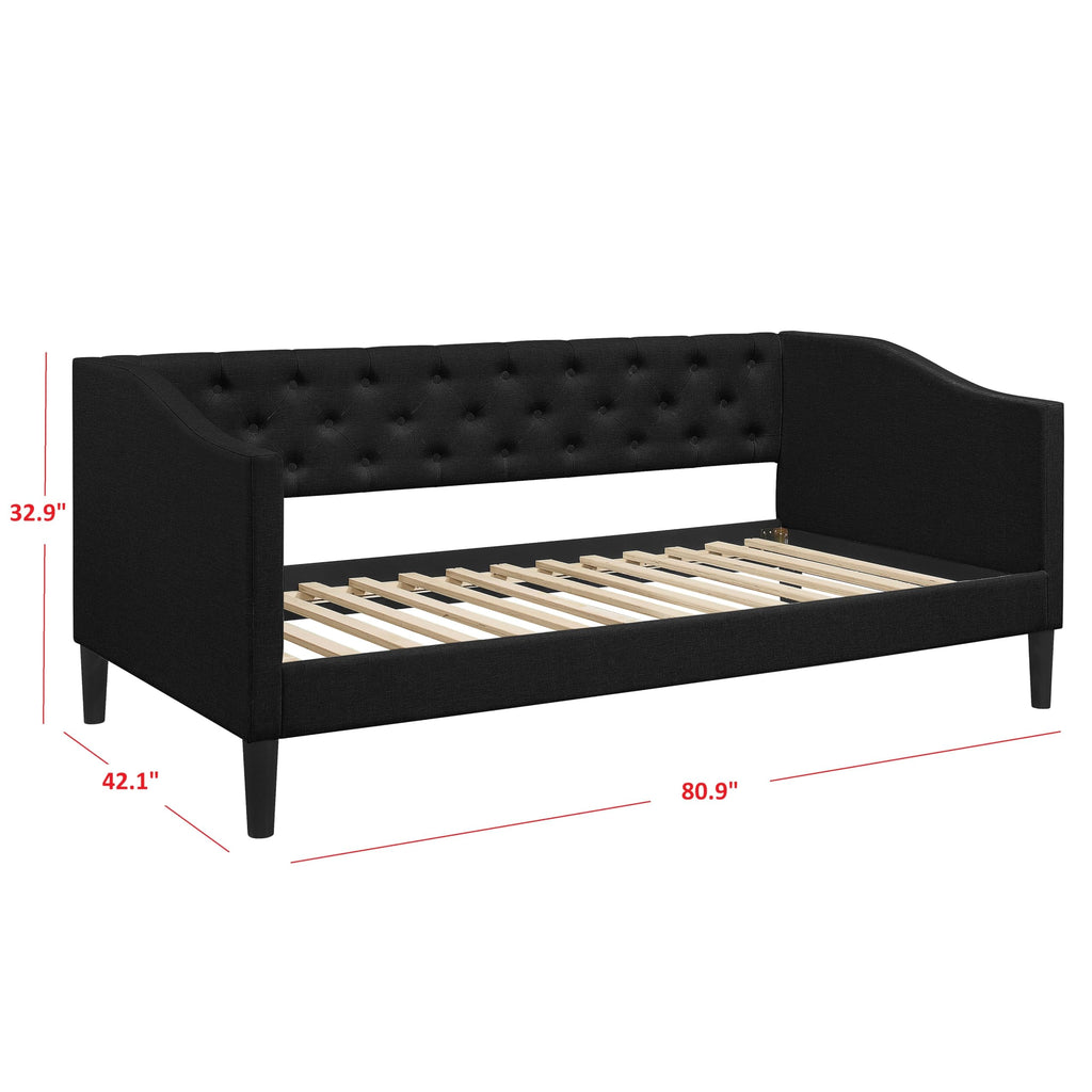 HOME DESIGN Gianna Twin Daybed, Upholstered Frame, Button-Tufted Back, Rectangular Back with Sloped Arms, Full Slat System, Black Tapered Legs, Black