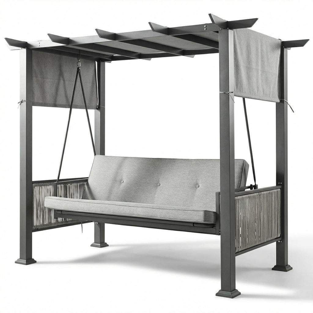 Pamapic 2-in-1 Convertible Porch Swing Bed, 3-Seat Elegant Patio Swing with Wicker Armrests, Outdoor Chair with Adjustable Canopy for Balcony, Garden, and Poolside, Gray