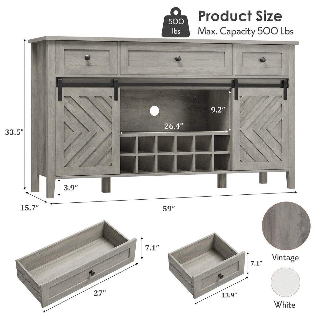 IDEALHOUSE 59'' Farmhouse Buffet Cabinet with Sliding Barn Door, 33.4'' Tall Wood Rustic Sideboard with 3 Drawer, Adjustable Shelf and Removable Wine Rack for Dining Room, Kitchen, Vintage