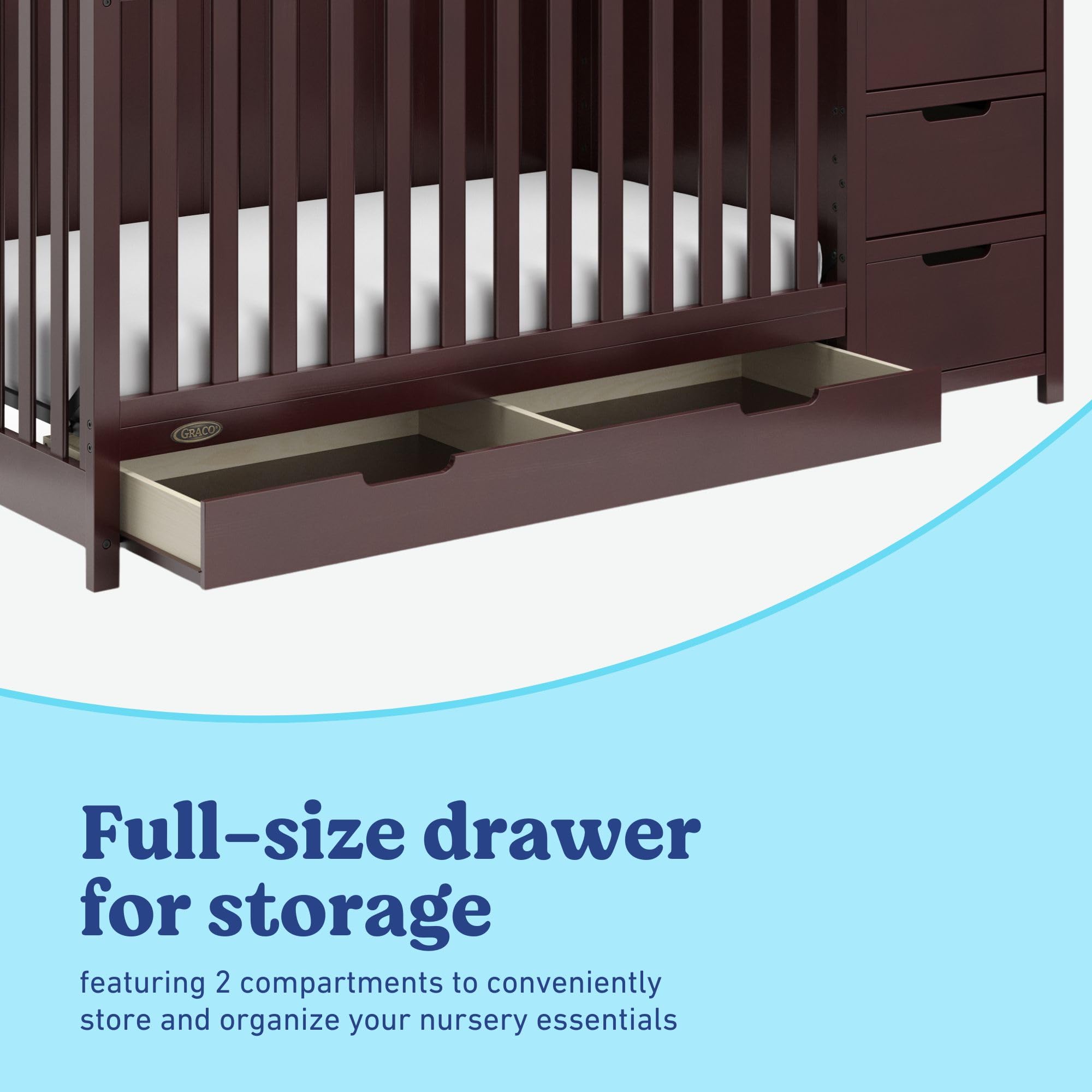 Graco Hadley 5-in-1 Convertible Crib & Changer – GREENGUARD Gold Certified, Fits Standard Crib Mattress, Converts to Toddler Bed and Full Bed, 4 Adjustable Mattress Heights (Espresso)