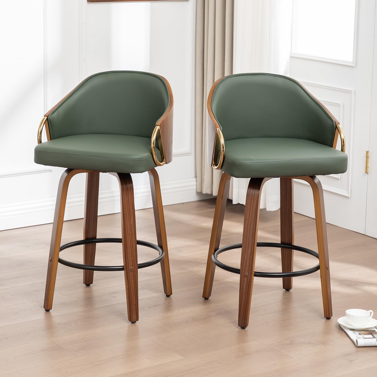 YOUUGIOR 24.8" Swivel Counter Height Bar Stools Set of 3,Green Leather Barstools Mid Century Modern Bar Chairs with Wood Legs and Golden Arms for Kitchen Dining Pub Cafe