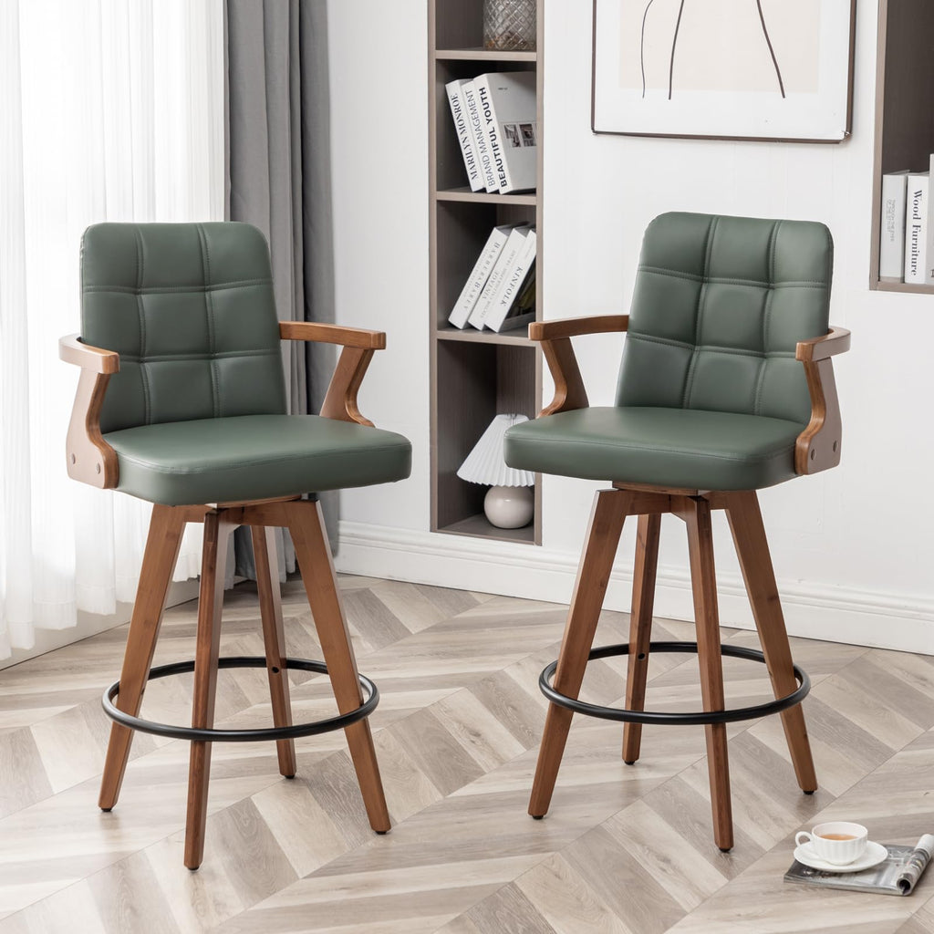 MEKLIBA 30” Bar Height Bar Stools,Leather Upholstered Bar Chair, Swivel Bar Stools with Back and Arms，Modern Barstool Set of 2 for Kitchen Island (Green)