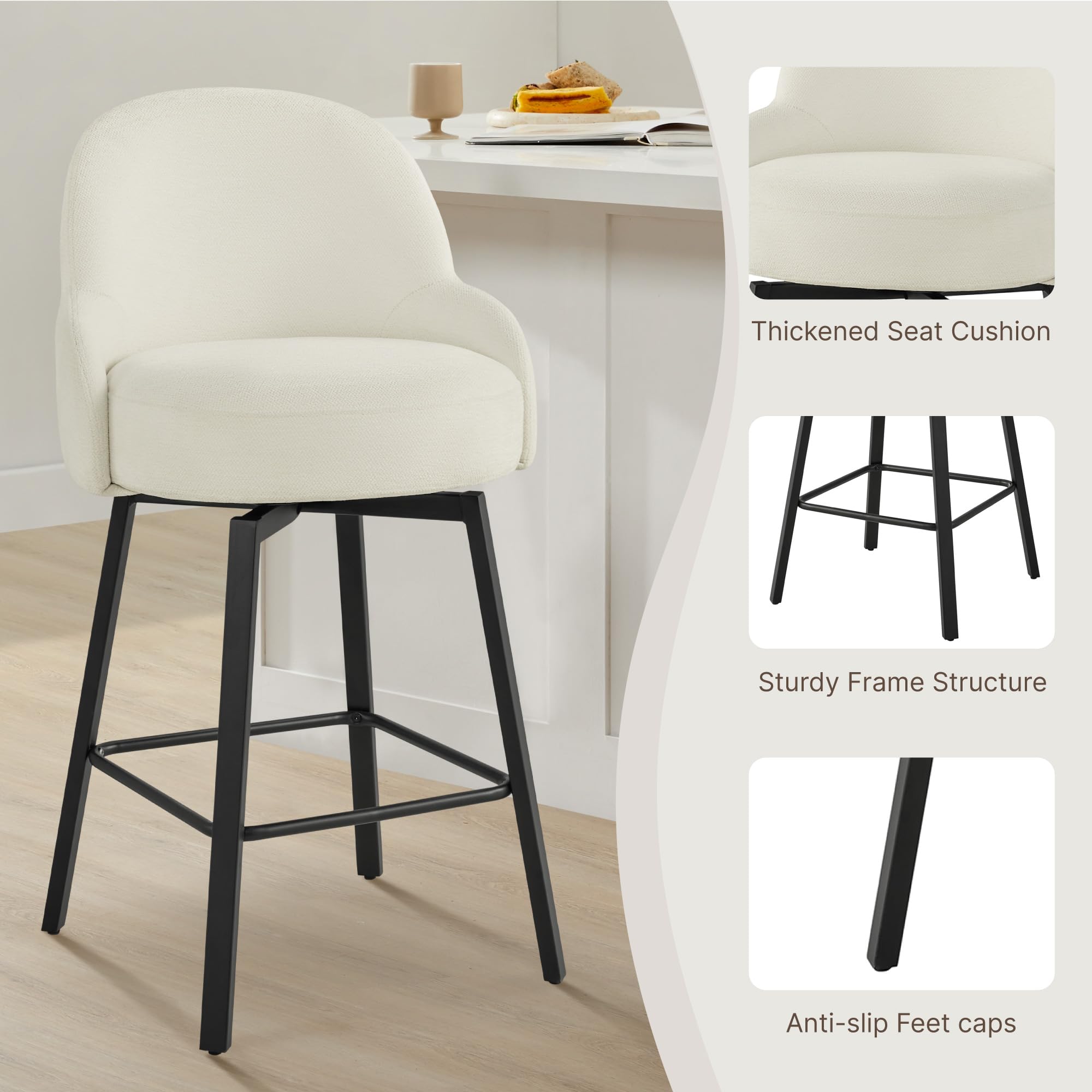 Counter Height Bar Stools Set of 4 with Back, 26''H Upholstered Swivel Barstools with Metal Leg, Modern Counter Stools for Kitchen Island,Beige