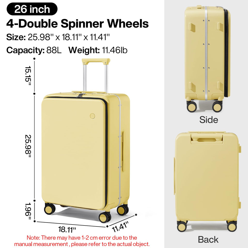 mixi 26 Inch Large Checked Luggage PC Hard Shell Suitcase Top Opening Aluminum Frame Travel Suitcases with Wheels, Lark Yellow