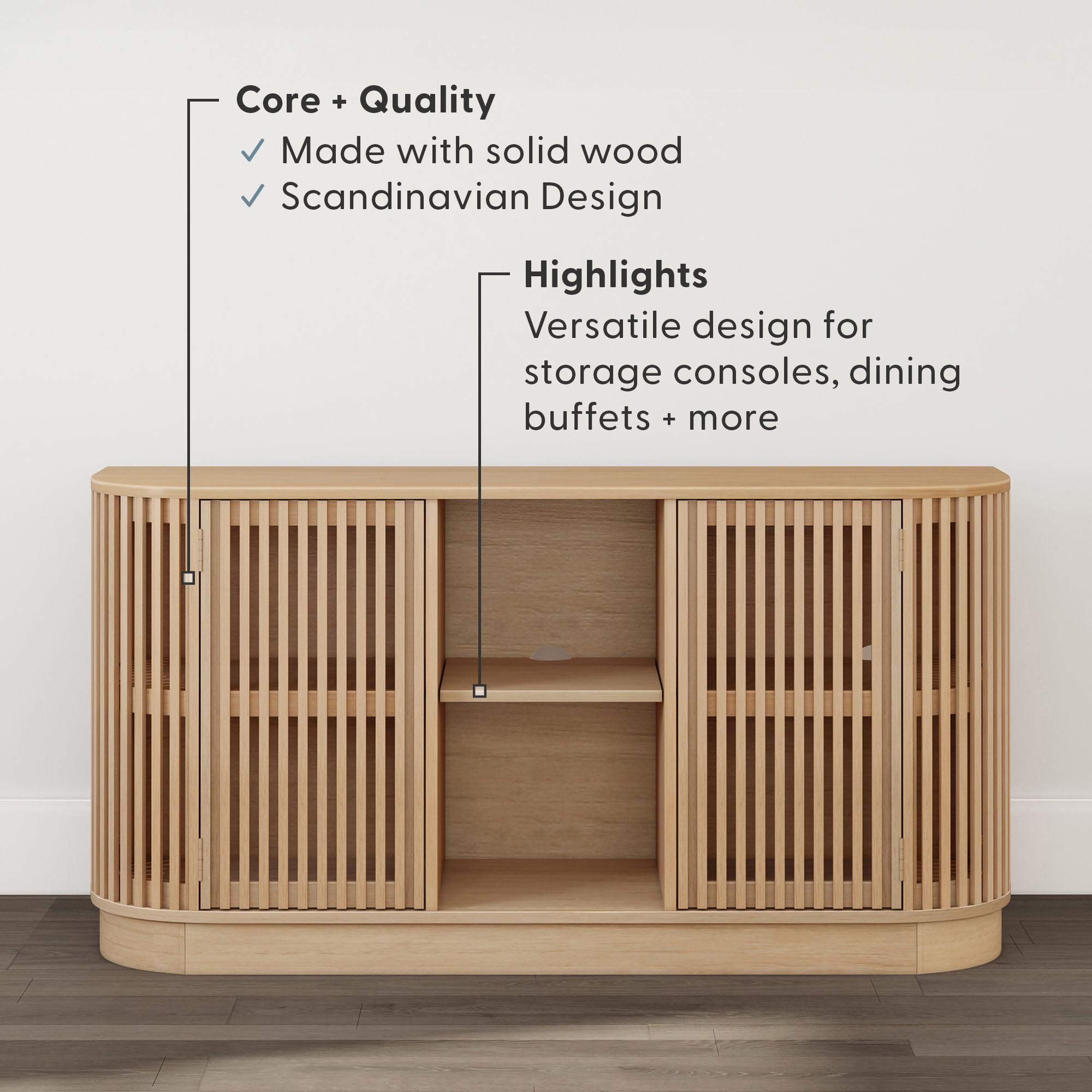 Plank+Beam Contour Wood TV Stand, Two Door Solid Wood Entertainment Console with Storage, 59" L x 16" W x 30" H, Blonde