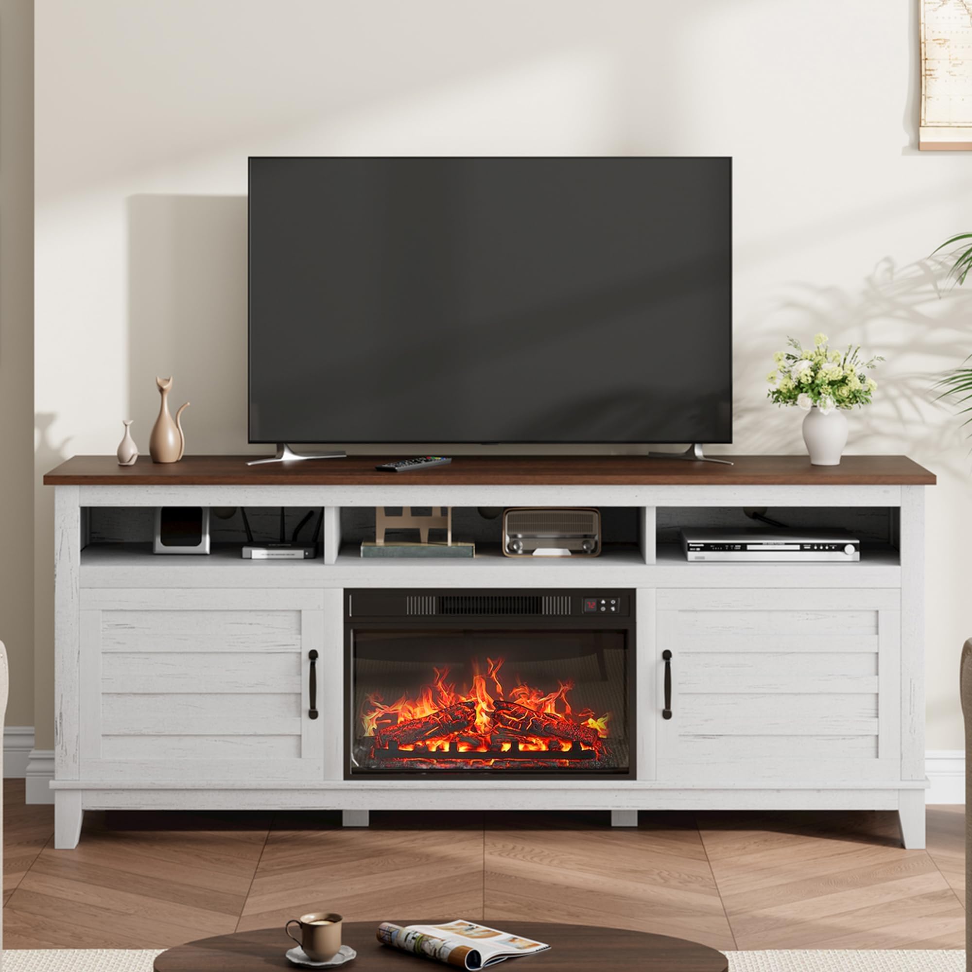 GarveeHome TV Stand with Electric Fireplace, Fireplace Entertainment Center, Farmhouse TV Stand with Cabinet Doors,for Living Room, Bedroom