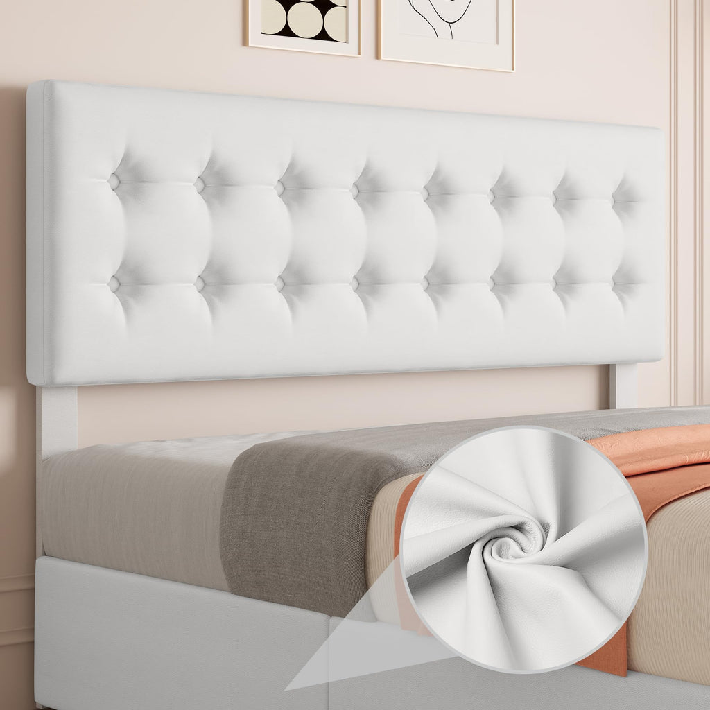 GarveeHome King Size Bed Frame with 4 Storage Drawers and Faux Leather Upholstered Headboard, Wooden Slats Support, Button Tufted Design, No Box Spring Needed, White