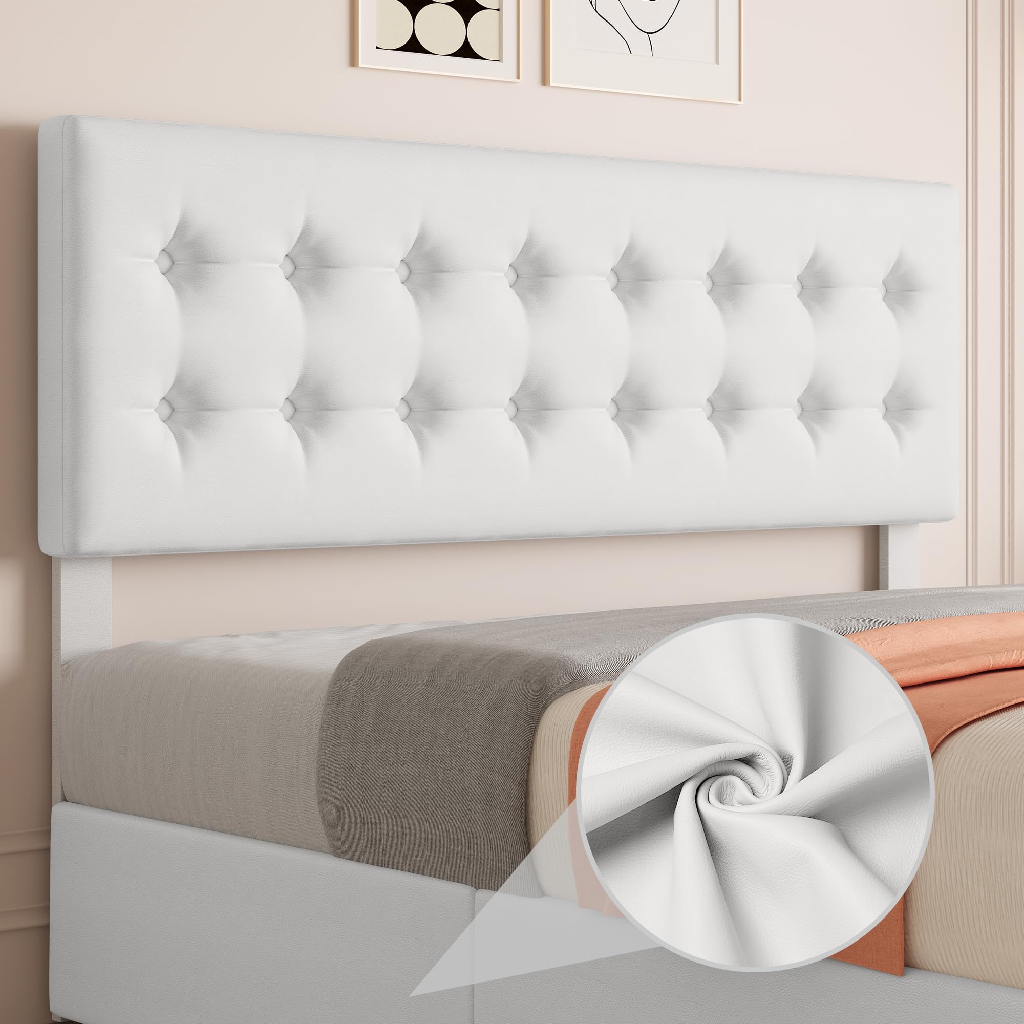 GarveeHome King Size Bed Frame with 4 Storage Drawers and Faux Leather Upholstered Headboard, Wooden Slats Support, Button Tufted Design, No Box Spring Needed, White