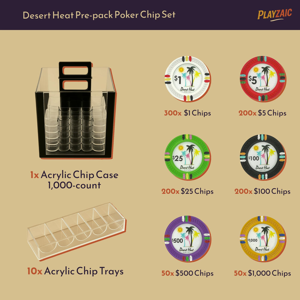 Playzaic 1000-piece Acrylic Desert Heat Poker Chip Case - 13.5-gram Heavy Clay Composite Set - Casino Chips for Texas Holdem, Blackjack - Betting Game Accessories