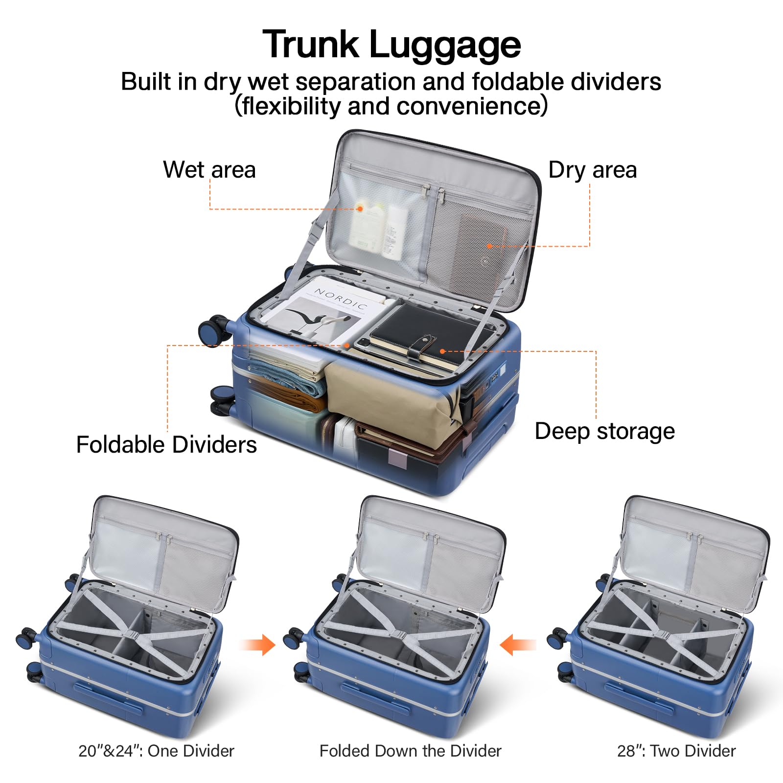 Hanke 24 Inch Checked Luggage with Cup Holder and USB Ports,Top Opening Hard Shell Suitcase with Wheels,Aluminum Frame Trunk Luggage with Foldable Dividers & TSA Lock for Travel, Interstellar Blue