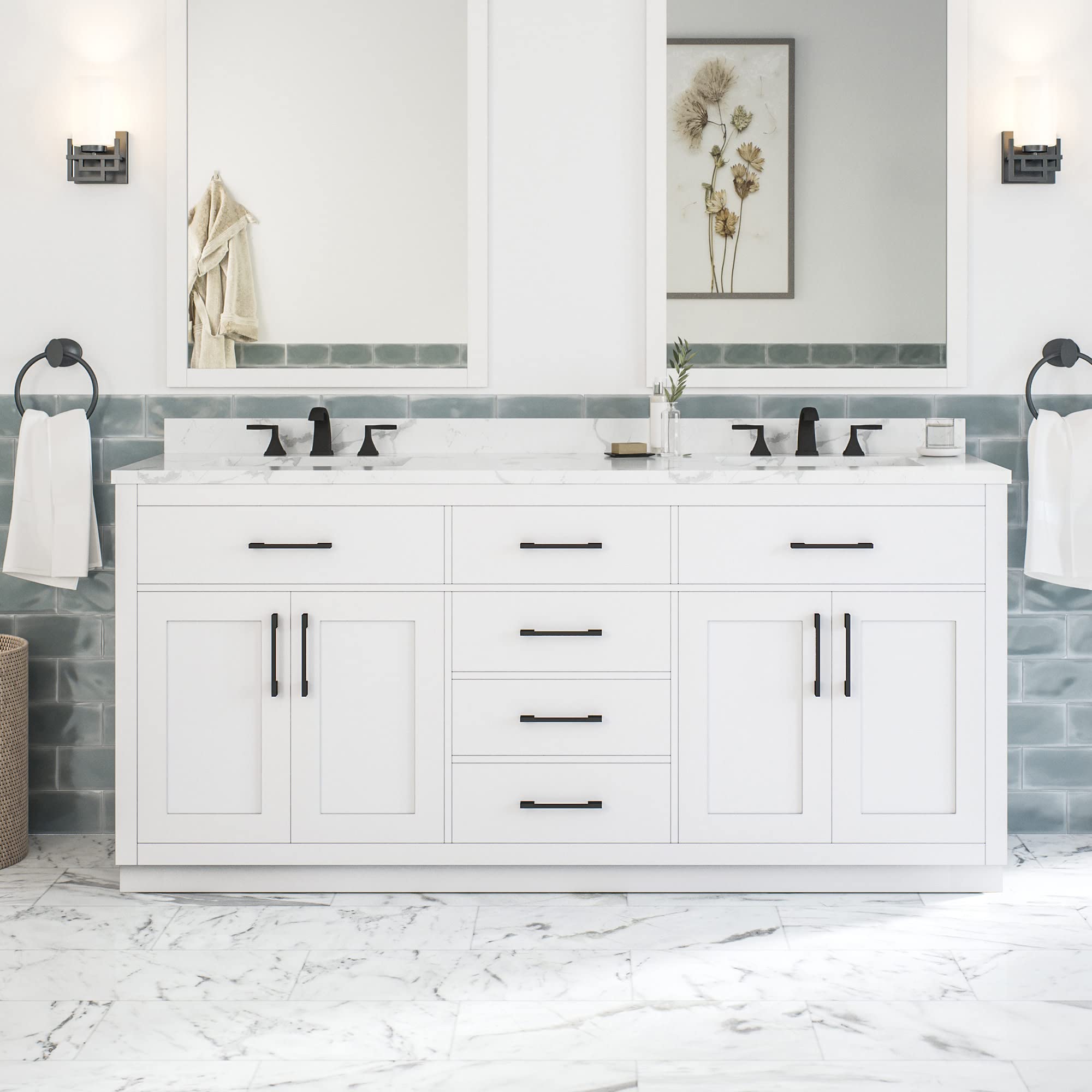 OVE Decors Athea 72" Double Undermount Sink Bathroom Vanity with Cultured Marble Countertop, Backsplash, Power Bar, in Almond Latte Finish