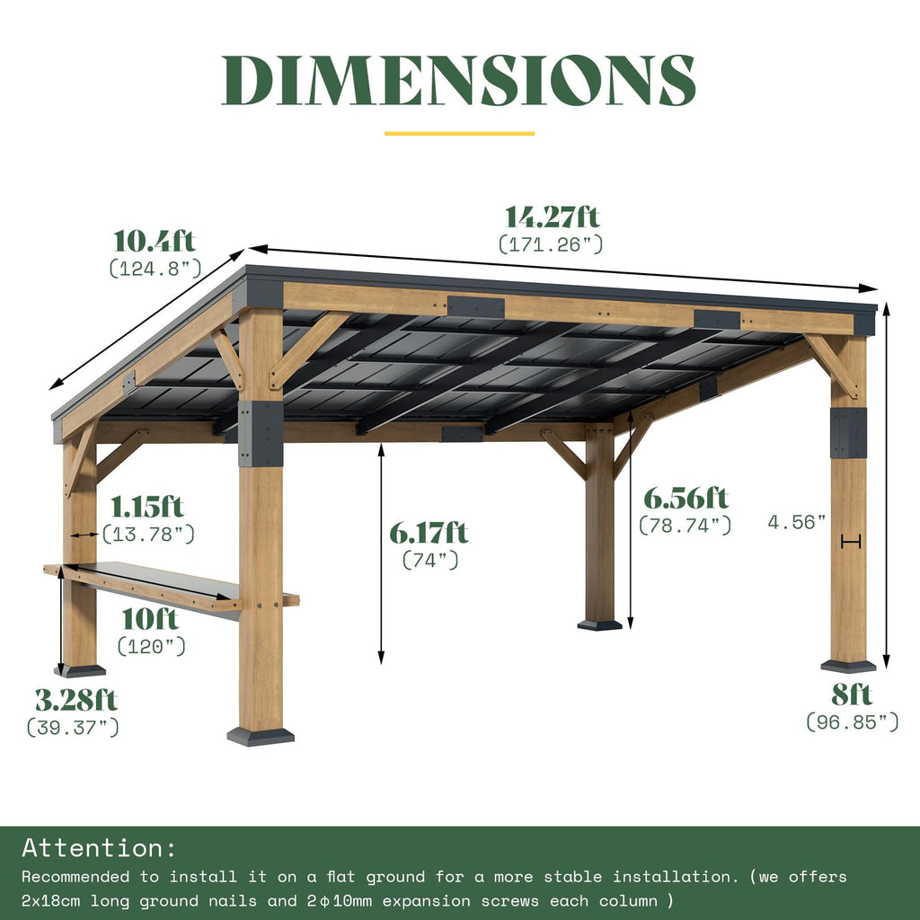 AMERLIFE 10x14 FT Spruce Wood Grill Gazebo with Bar Shelf, Hardtop BBQ Pavilion with Sloped Galvanized Steel Roof, Lean-to Outdoor Pergola for Deck, Backyard, Garden