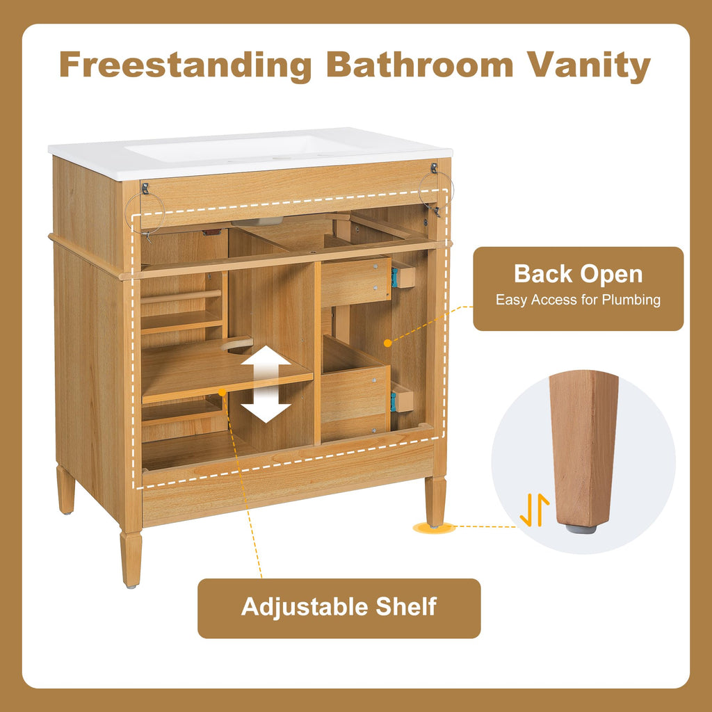 Bathroom Vanity with Sink 30 Inch, Tip-Out Drawer and Door Rack, Adjustable Shelf, Soft-Closing System, Solid Wood Legs, Wood