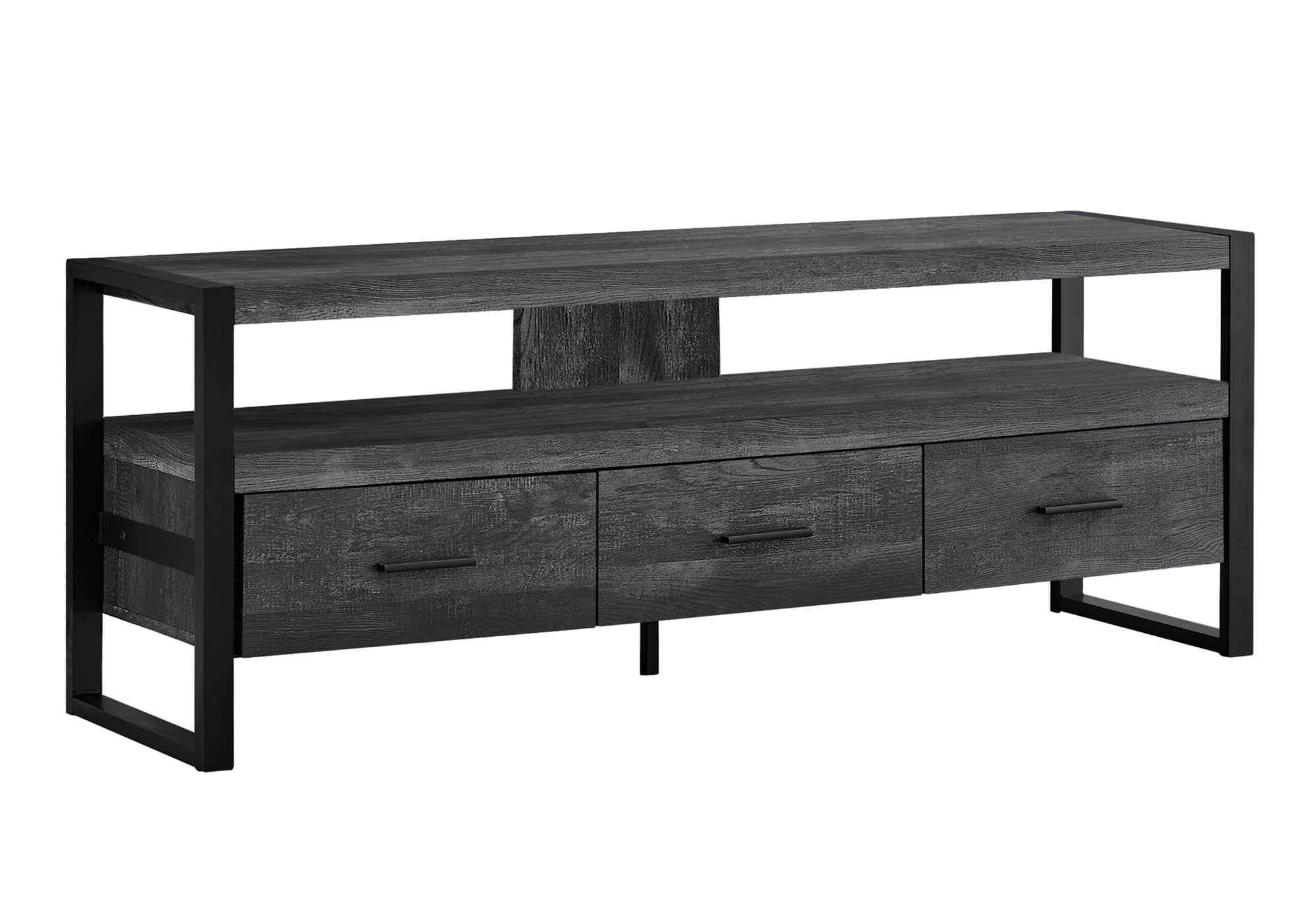 Monarch Specialties TV Stand-Console with 3 Drawers and Shelves-Industrial Modern Style Entertainment Center with Metal Legs, 60" L, Black Reclaimed Wood Look