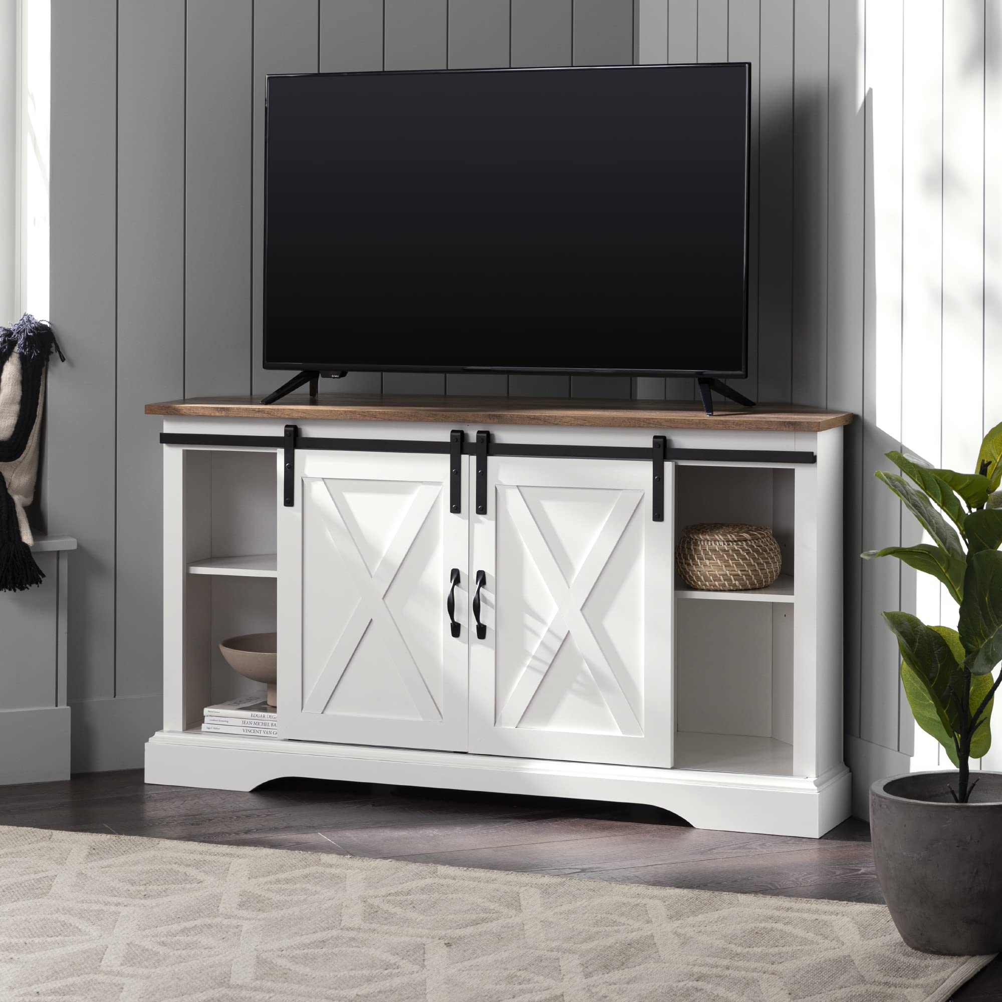 Walker Edison Everette Modern Farmhouse Double Sliding X Barn Door TV Stand for TVs up to 58 Inches 52 Inch Reclaimed Barnwood and Solid White