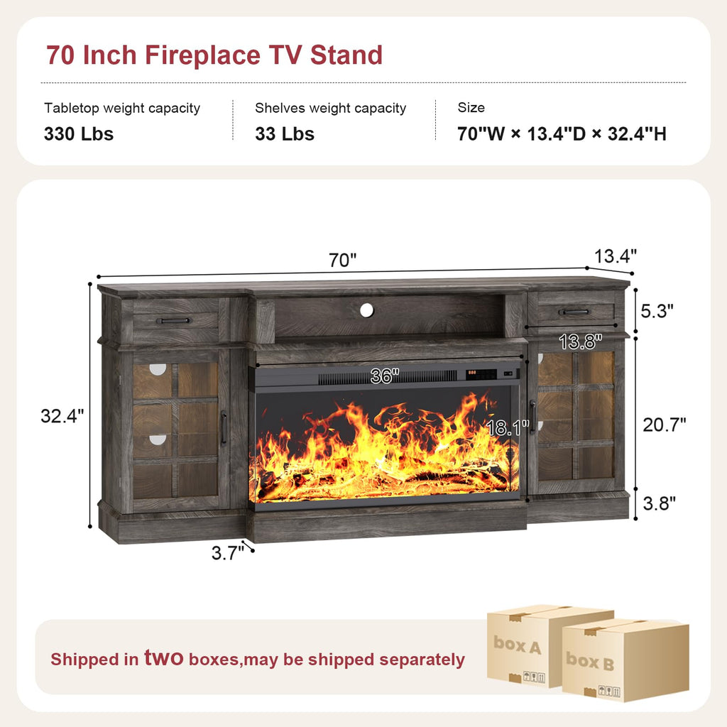 MXV 70" Fireplace TV Stand, 3-Sided Glass Fireplace and Modern Entertainment Center, Wooden Media Console with Glass Doors & Storage Drawers, LED Light, for Living Room, Grey