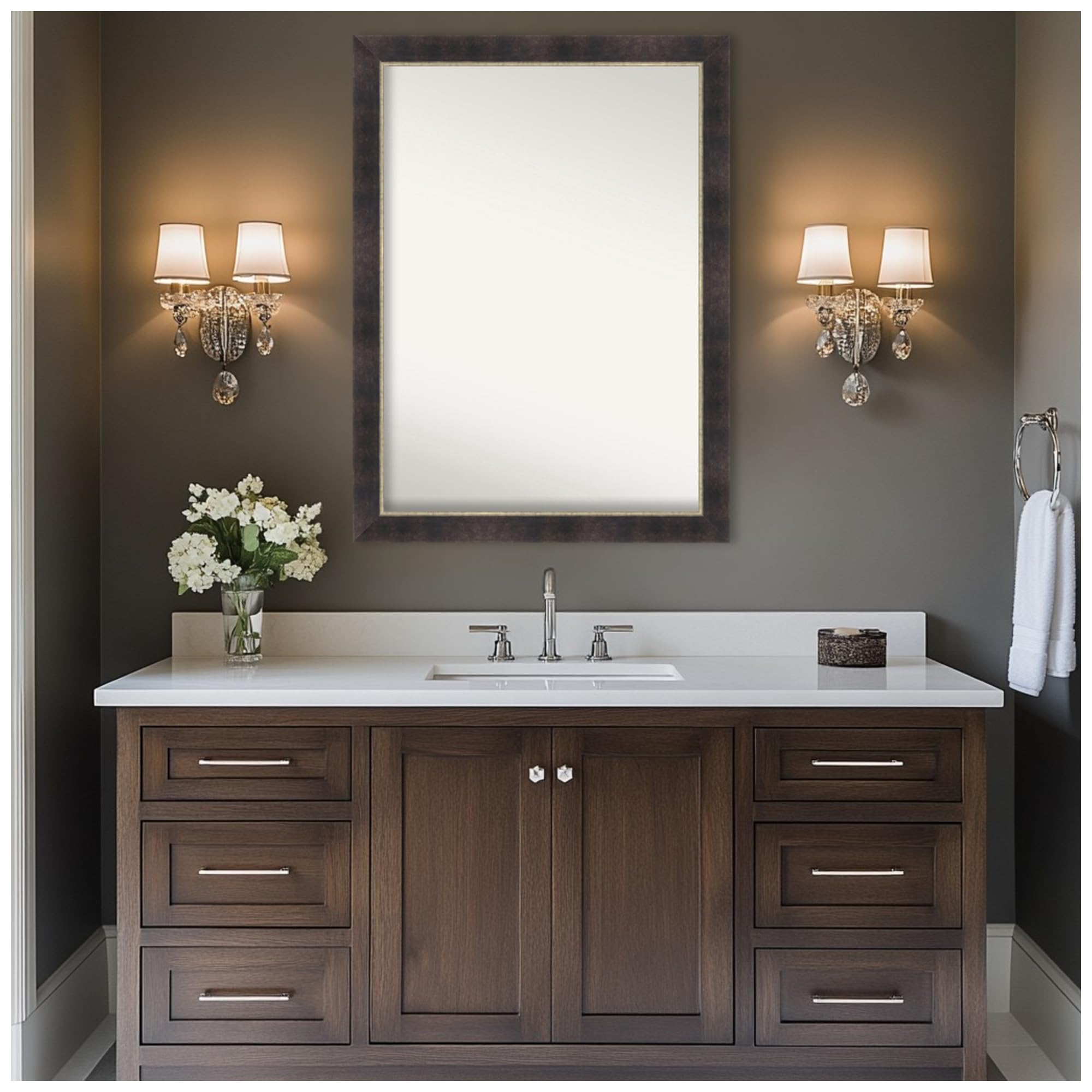 Amanti Art Bronze Bathroom Mirror for Over Sink, 32x43 Odin Antique Bronze Rectangle Vanity Mirror, X-Large Modern Wood Frame, Hangs Horizonally and Vertically, Bathroom Wall Decor, Non-Beveled Edge